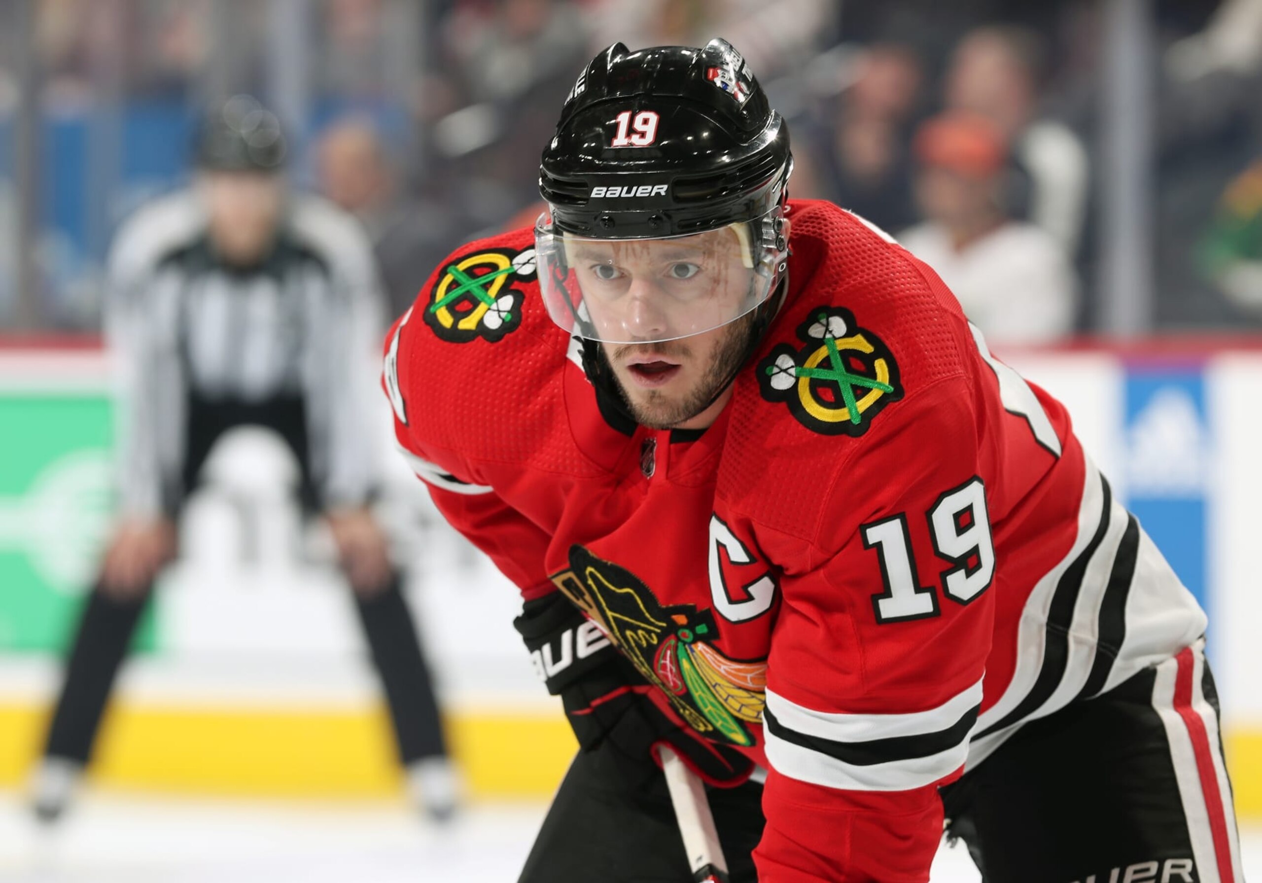 PHILADELPHIA, PENNSYLVANIA - JANUARY 19:  Jonathan Toews #19 of the Chicago Blackhawks looks on against the Philadelphia Flyers at the Wells Fargo Center on January 19, 2023 in Philadelphia, Pennsylvania.  (Photo by Len Redkoles/NHLI via Getty Images)