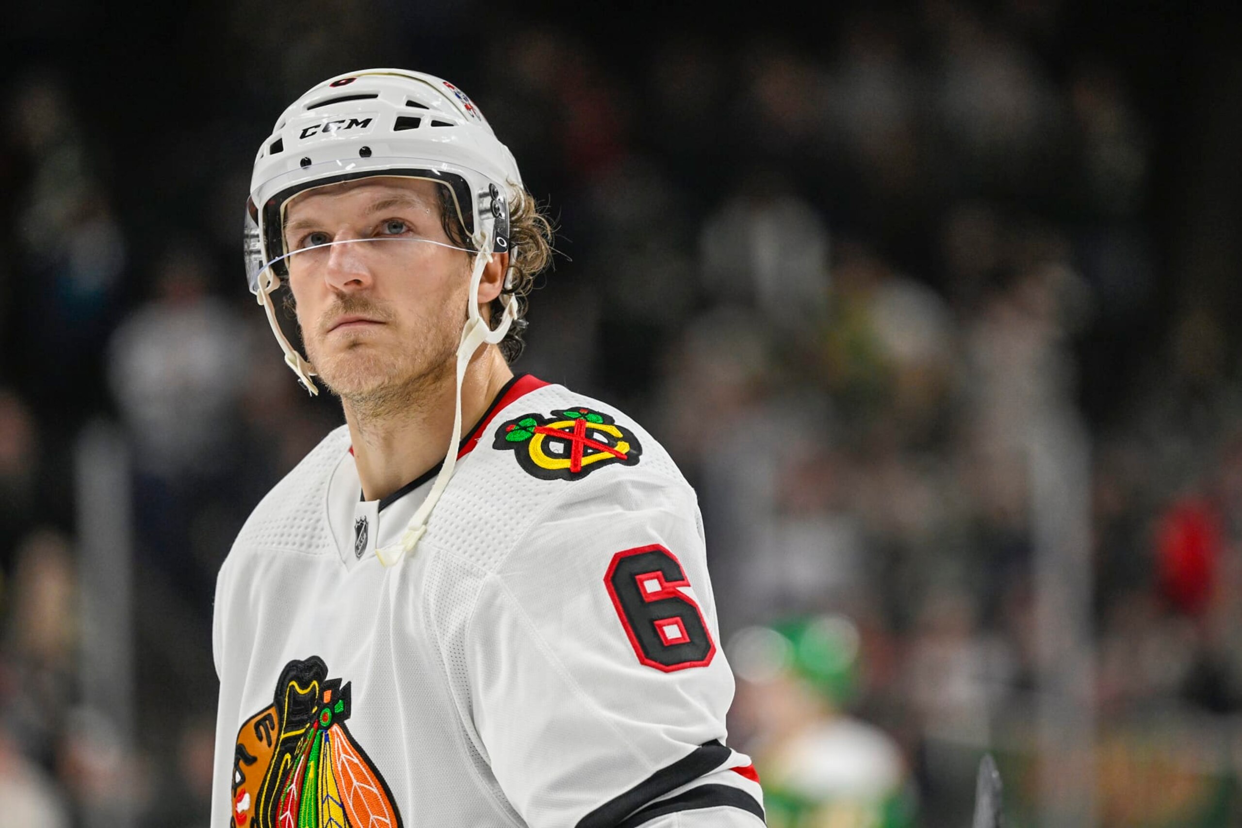 ST. PAUL - DECEMBER 16: Chicago Blackhawks Defenceman Jake McCabe (6) takes a breather during a game between the Minnesota Wild and Chicago Blackhawks on December 16, 2022, at Xcel Energy Center in St. Paul, MN.(Photo by Nick Wosika/Icon Sportswire via Getty Images)