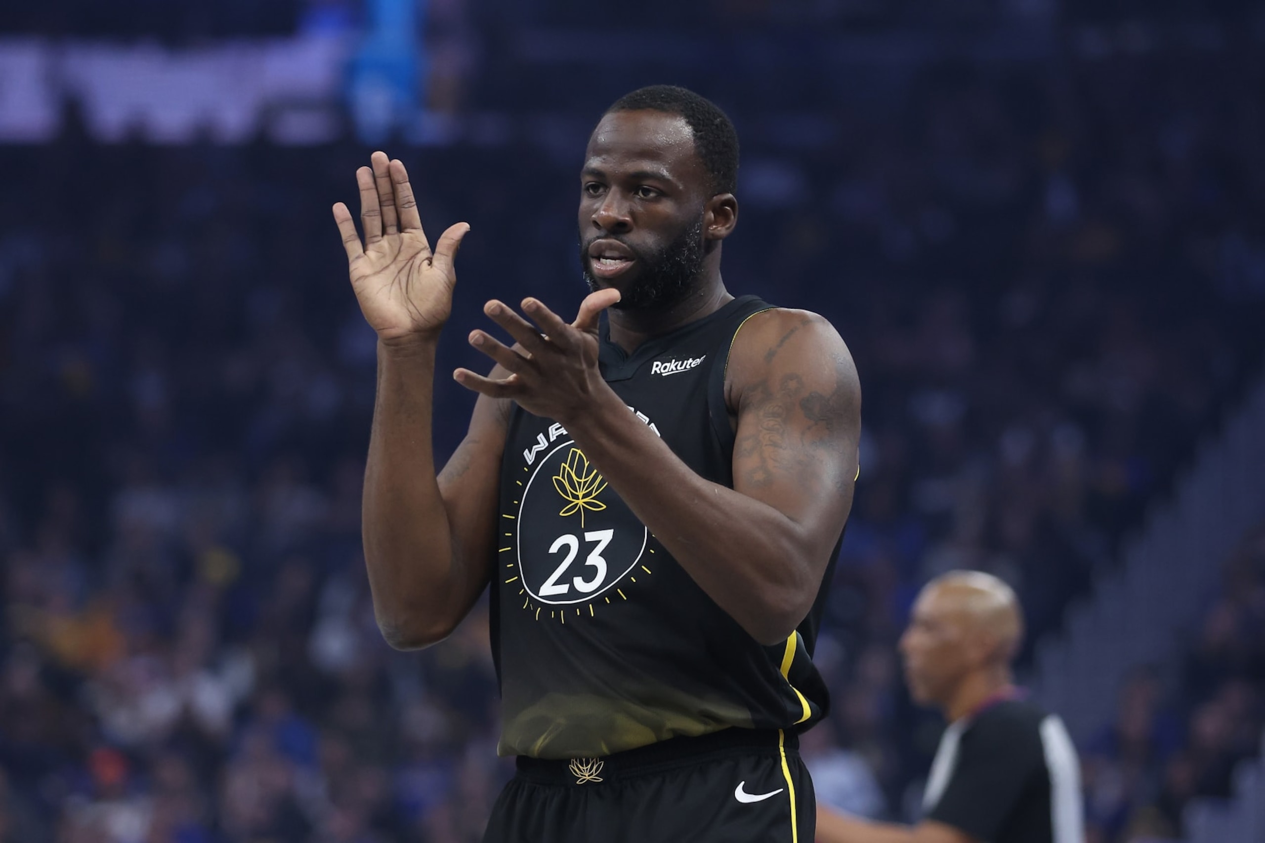 SAN FRANCISCO, CALIFORNIA - FEBRUARY 13: Draymond Green #23 of the Golden State Warriors reacts during the game against the Washington Wizards at Chase Center on February 13, 2023 in San Francisco, California. NOTE TO USER: User expressly acknowledges and agrees that, by downloading and/or using this photograph, User is consenting to the terms and conditions of the Getty Images License Agreement. (Photo by Lachlan Cunningham/Getty Images)