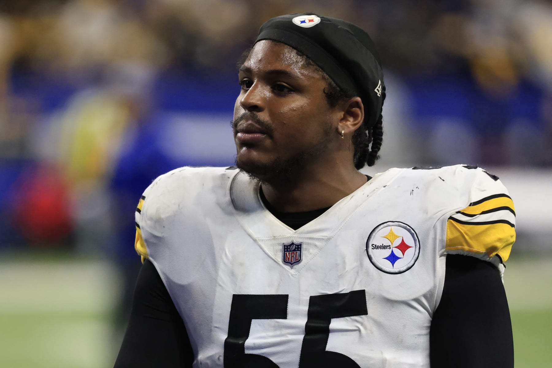 INDIANAPOLIS, INDIANA - NOVEMBER 28: Devin Bush #55 of the Pittsburgh Steelers walks off the field after a win over the Indianapolis Colts at Lucas Oil Stadium on November 28, 2022 in Indianapolis, Indiana. (Photo by Justin Casterline/Getty Images)