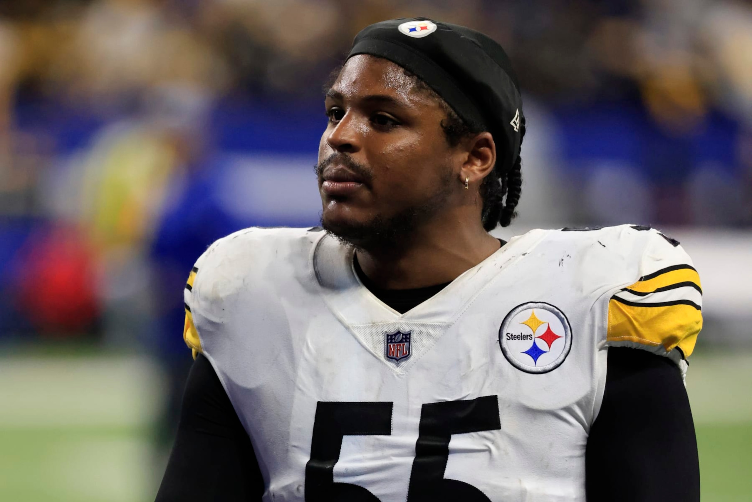 INDIANAPOLIS, INDIANA - NOVEMBER 28: Devin Bush #55 of the Pittsburgh Steelers walks off the field after a win over the Indianapolis Colts at Lucas Oil Stadium on November 28, 2022 in Indianapolis, Indiana. (Photo by Justin Casterline/Getty Images)