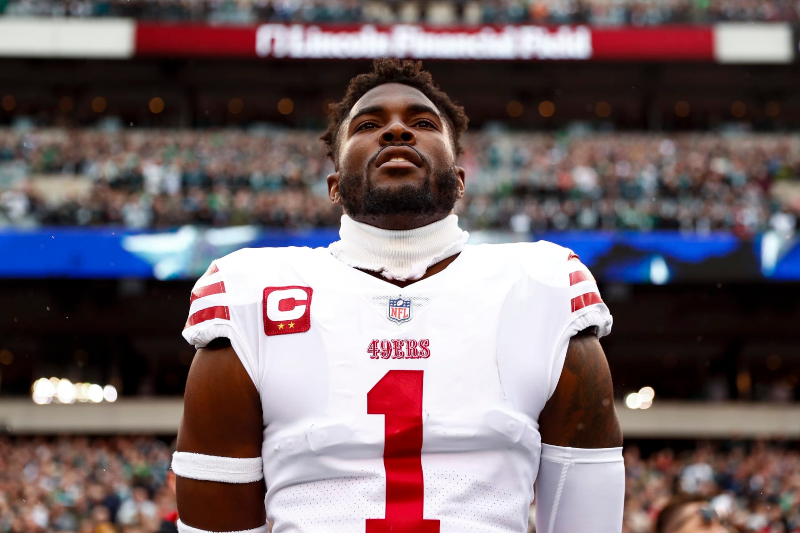 PHILADELPHIA, PA - JANUARY 29: Jimmie Ward #1 of the San Francisco 49ers stands on the sidelines during the national anthem prior to the NFC Championship NFL football game against the Philadelphia Eagles at Lincoln Financial Field on January 29, 2023 in Philadelphia, Pennsylvania. (Photo by Kevin Sabitus/Getty Images)