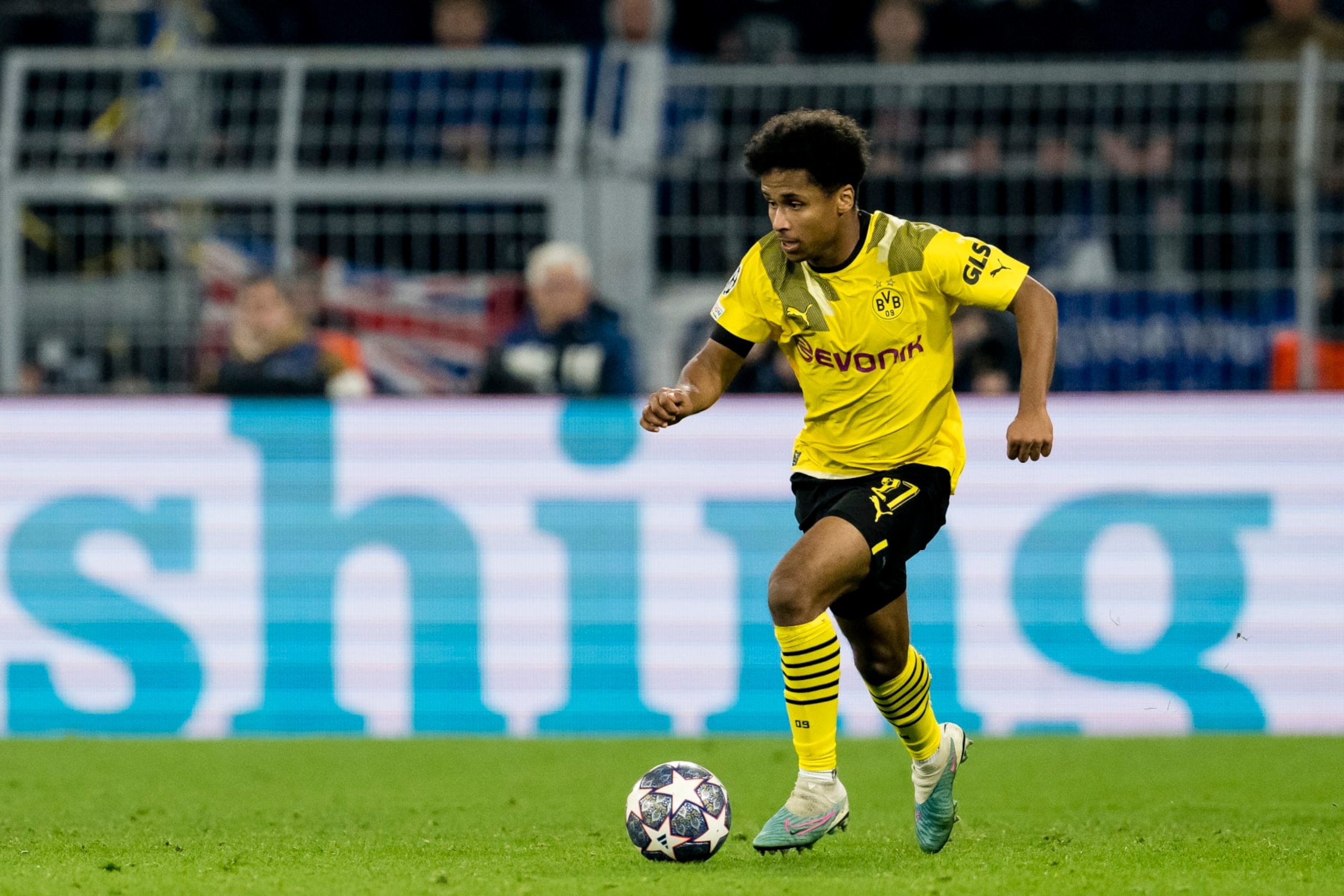 DORTMUND, GERMANY - FEBRUARY 15: Karim Adeyemi of Borussia Dortmund during the UEFA Champions League round of 16 leg one match between Borussia Dortmund and Chelsea FC at Signal Iduna Park on February 15, 2023 in Dortmund, Germany. (Photo by Alexandre Simoes/Borussia Dortmund via Getty Images)