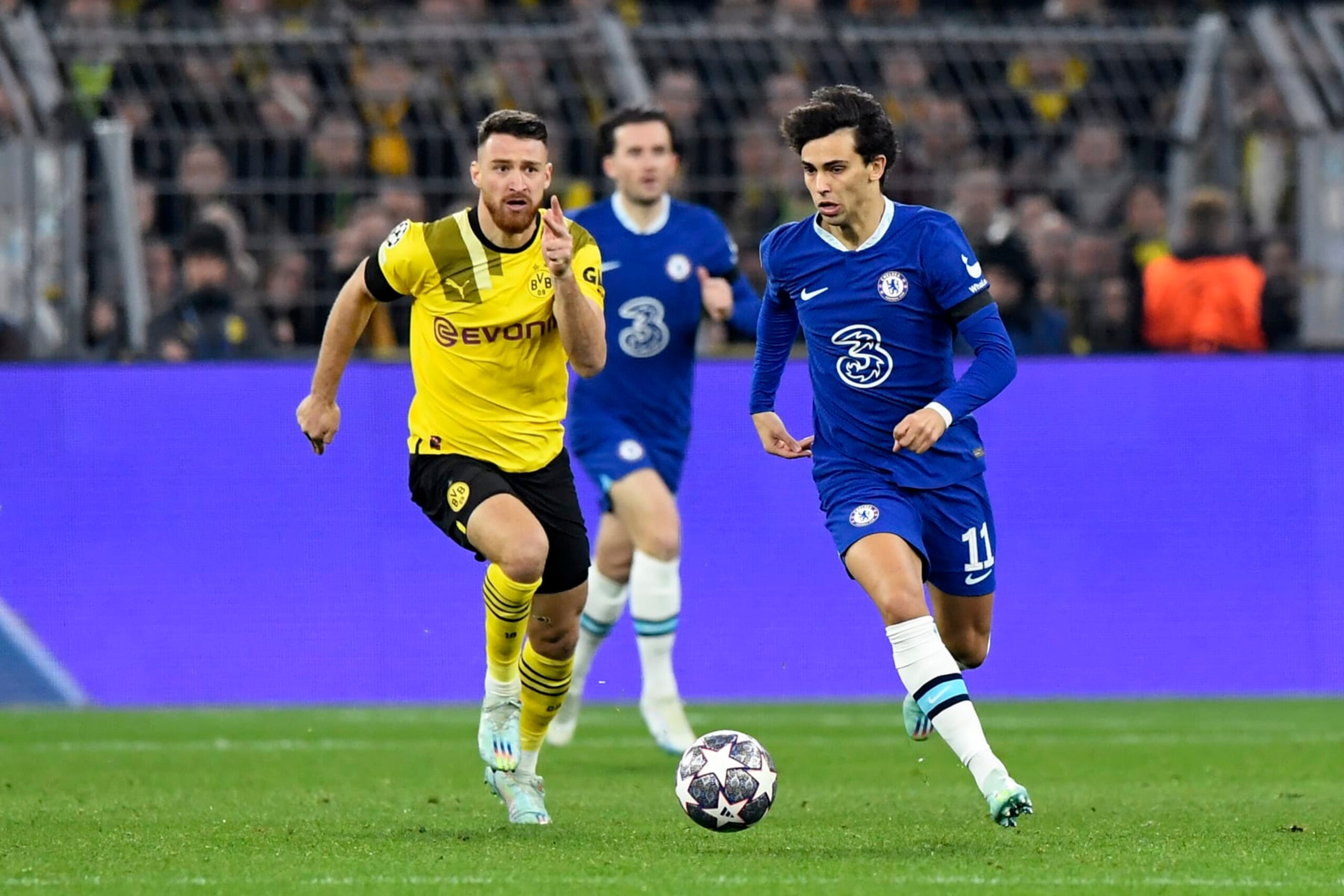 DORTMUND, GERMANY - FEBRUARY 15: (L-R) Salih Ozcan of Borussia Dortmund, Joao Felix of Chelsea  during the UEFA Champions League  match between Borussia Dortmund v Chelsea at the Signal Iduna Park on February 15, 2023 in Dortmund Germany (Photo by Dennis Bresser/Soccrates/Getty Images)