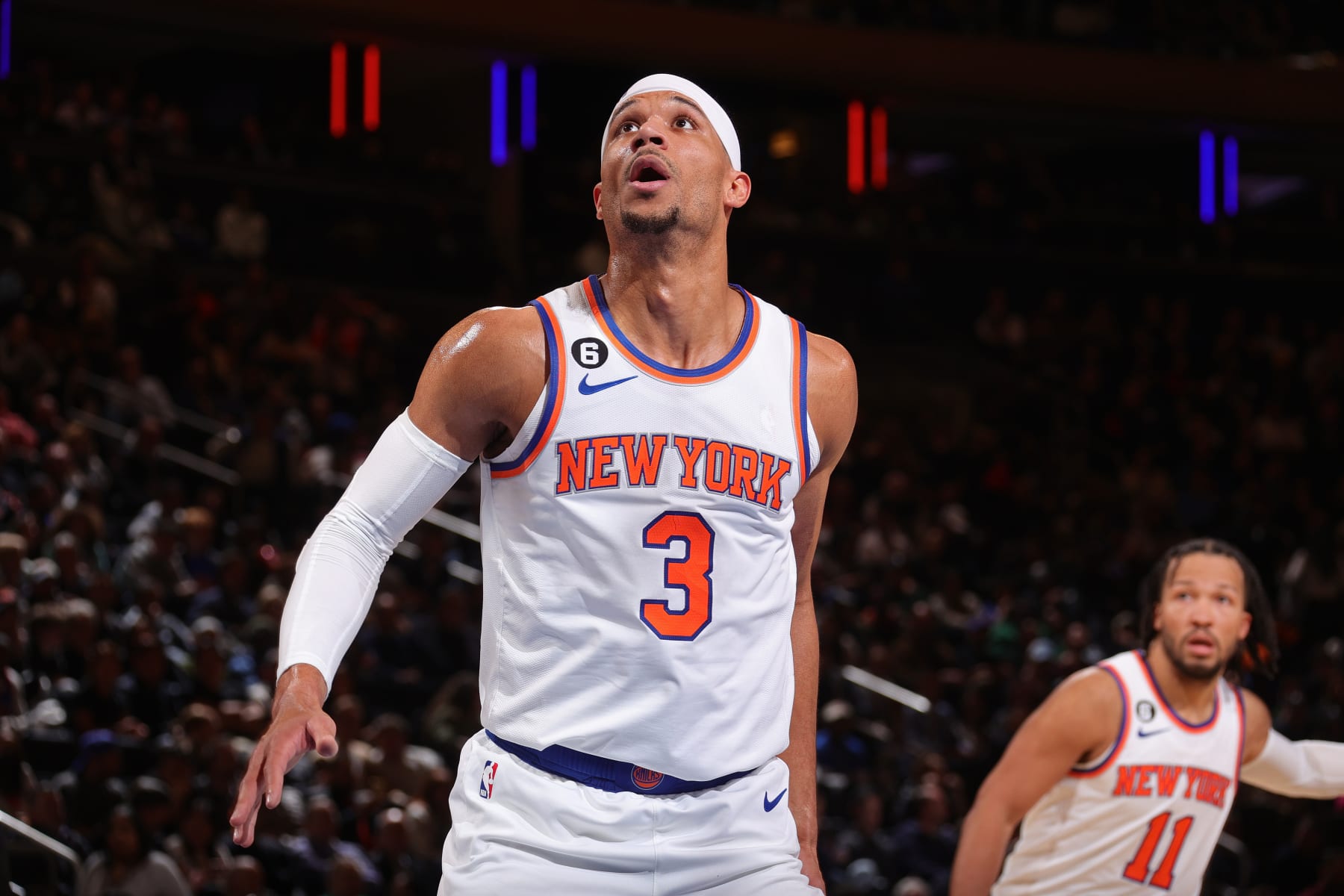 NEW YORK, NY - FEBRUARY 13:  Josh Hart #3 of the New York Knicks looks on during the game on February 13, 2023 at Madison Square Garden in New York City, New York.  NOTE TO USER: User expressly acknowledges and agrees that, by downloading and or using this photograph, User is consenting to the terms and conditions of the Getty Images License Agreement. Mandatory Copyright Notice: Copyright 2023 NBAE  (Photo by Nathaniel S. Butler/NBAE via Getty Images)