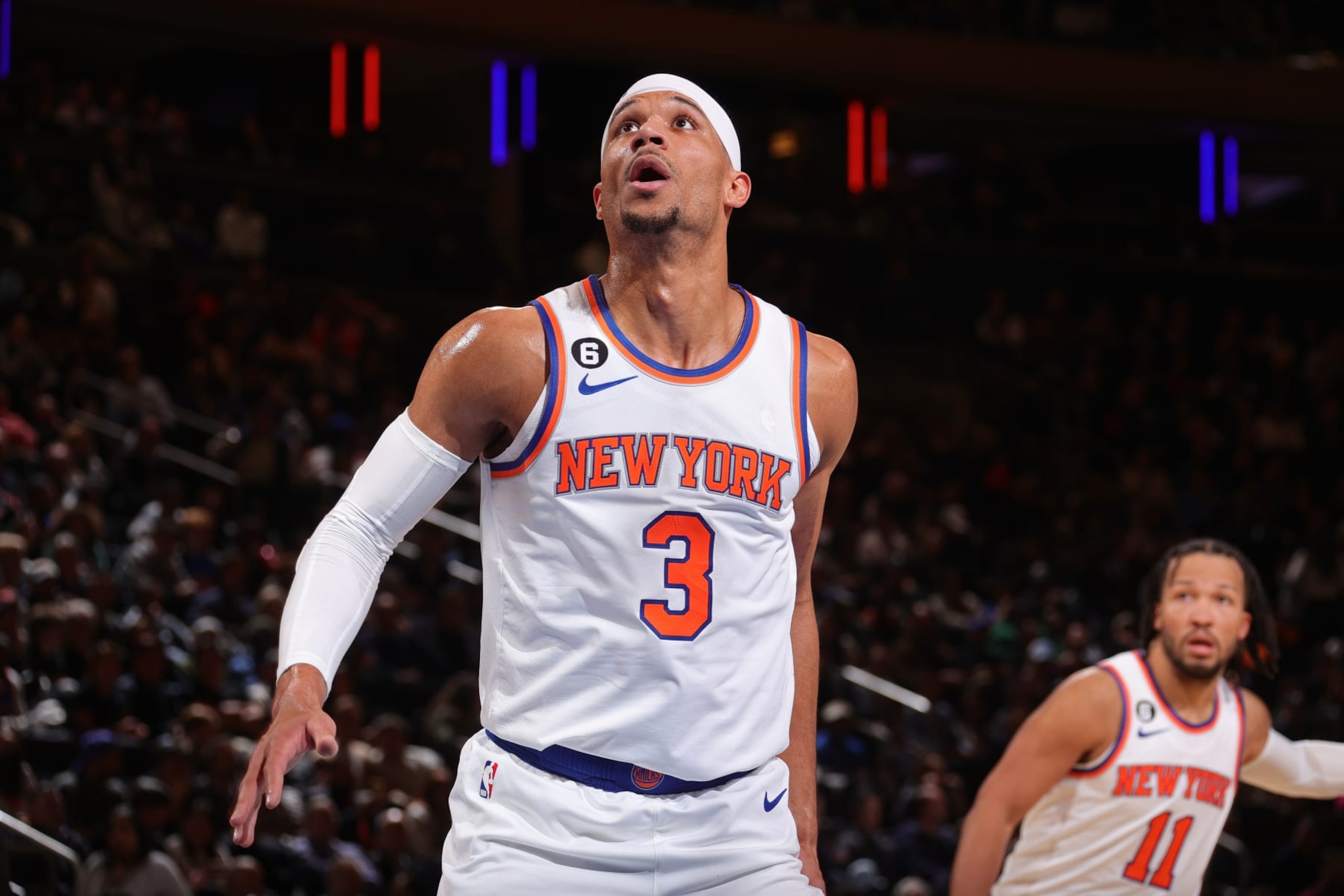 NEW YORK, NY - FEBRUARY 13:  Josh Hart #3 of the New York Knicks looks on during the game on February 13, 2023 at Madison Square Garden in New York City, New York.  NOTE TO USER: User expressly acknowledges and agrees that, by downloading and or using this photograph, User is consenting to the terms and conditions of the Getty Images License Agreement. Mandatory Copyright Notice: Copyright 2023 NBAE  (Photo by Nathaniel S. Butler/NBAE via Getty Images)