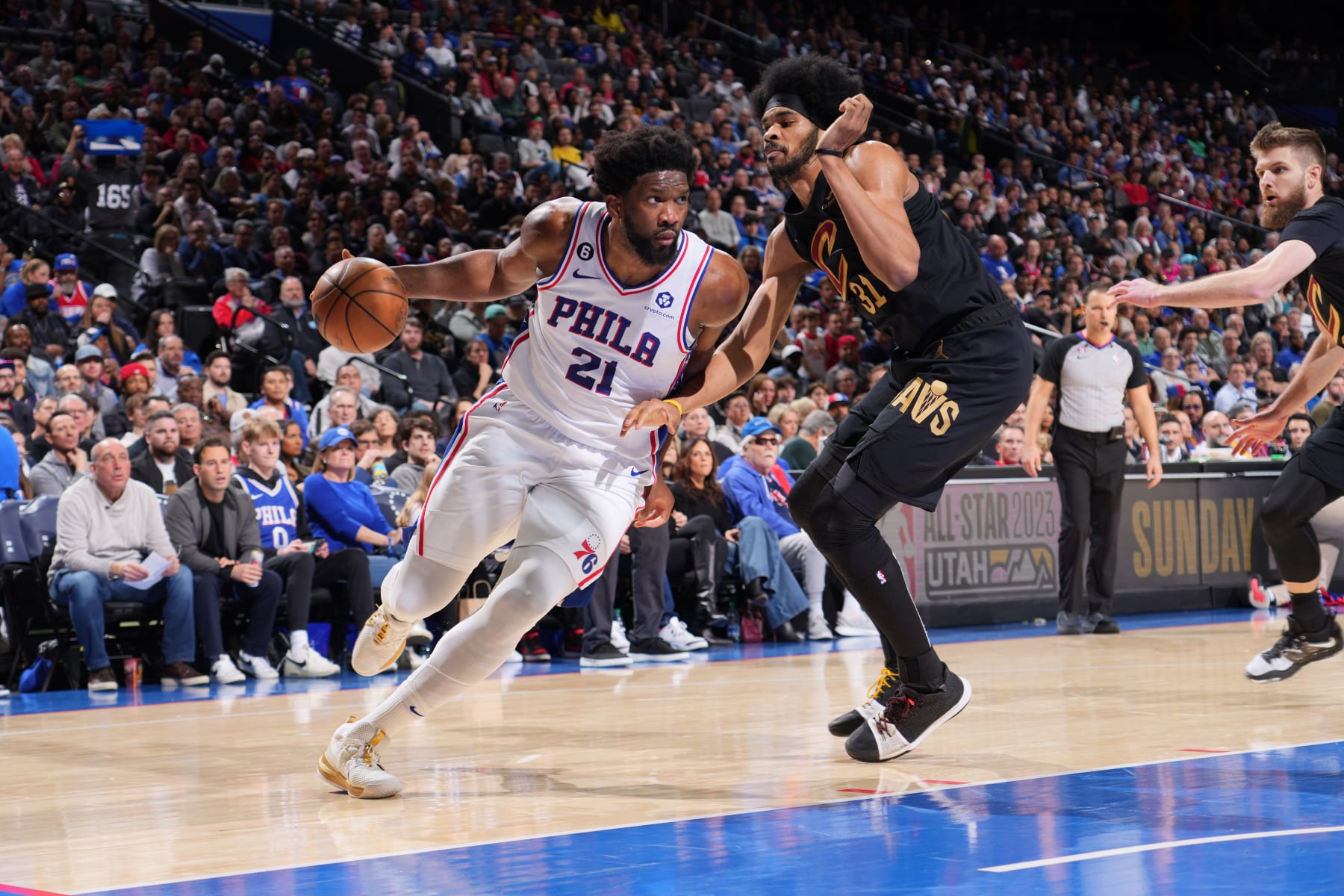 PHILADELPHIA, PA - FEBRUARY 15: Joel Embiid #21 of the Philadelphia 76ers dribbles the ball during the game against the Cleveland Cavaliers on February 15, 2023 at the Wells Fargo Center in Philadelphia, Pennsylvania NOTE TO USER: User expressly acknowledges and agrees that, by downloading and/or using this Photograph, user is consenting to the terms and conditions of the Getty Images License Agreement. Mandatory Copyright Notice: Copyright 2023 NBAE (Photo by Jesse D. Garrabrant/NBAE via Getty Images)