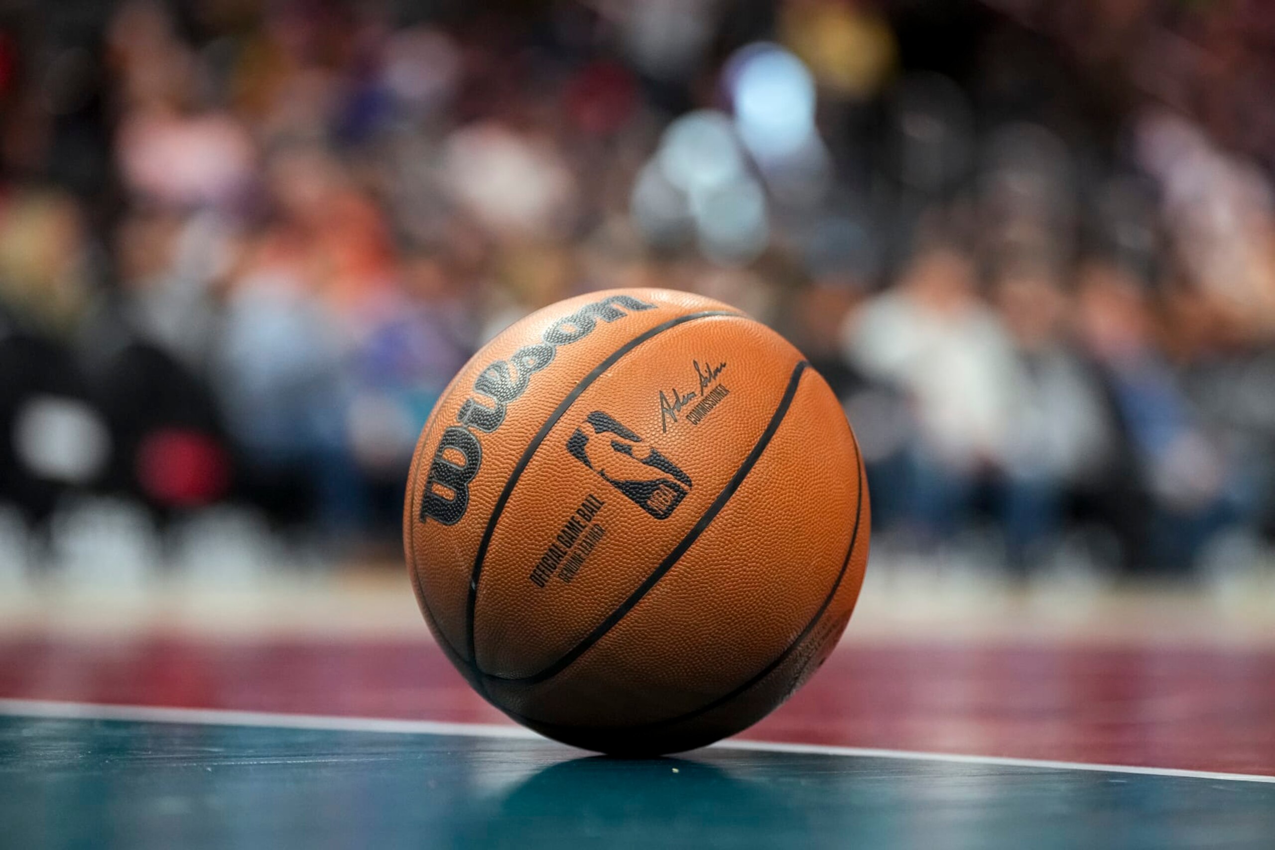 DETROIT, MICHIGAN - FEBRUARY 03: A Wilson brand official game ball basketball is pictured with the NBA logo during the game between the Detroit Pistons and Charlotte Hornets at Little Caesars Arena on February 03, 2023 in Detroit, Michigan. NOTE TO USER: User expressly acknowledges and agrees that, by downloading and or using this photograph, User is consenting to the terms and conditions of the Getty Images License Agreement. (Photo by Nic Antaya/Getty Images)