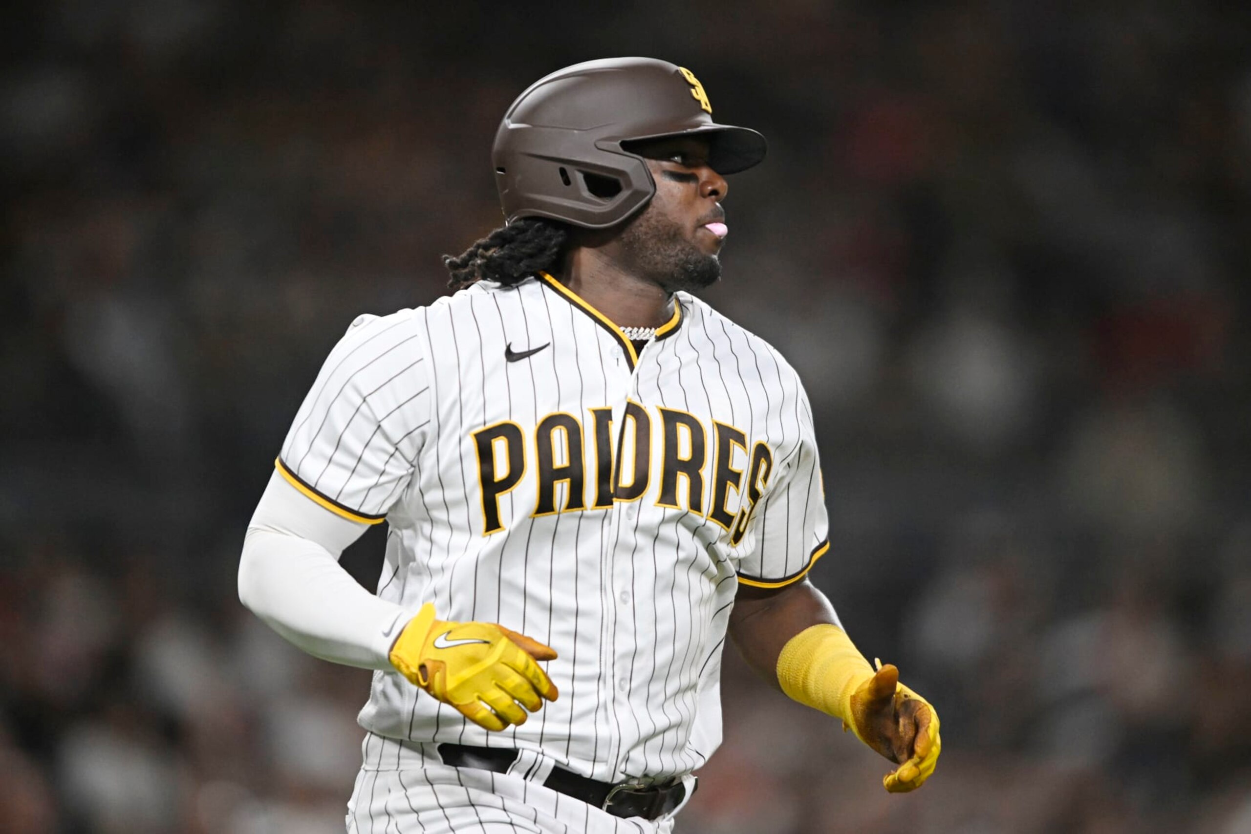 SAN DIEGO, CA - AUGUST 23: Josh Bell #24 of the San Diego Padres plays during a baseball game against the Cleveland Guardians  August 23, 2022 at Petco Park in San Diego, California. (Photo by Denis Poroy/Getty Images)