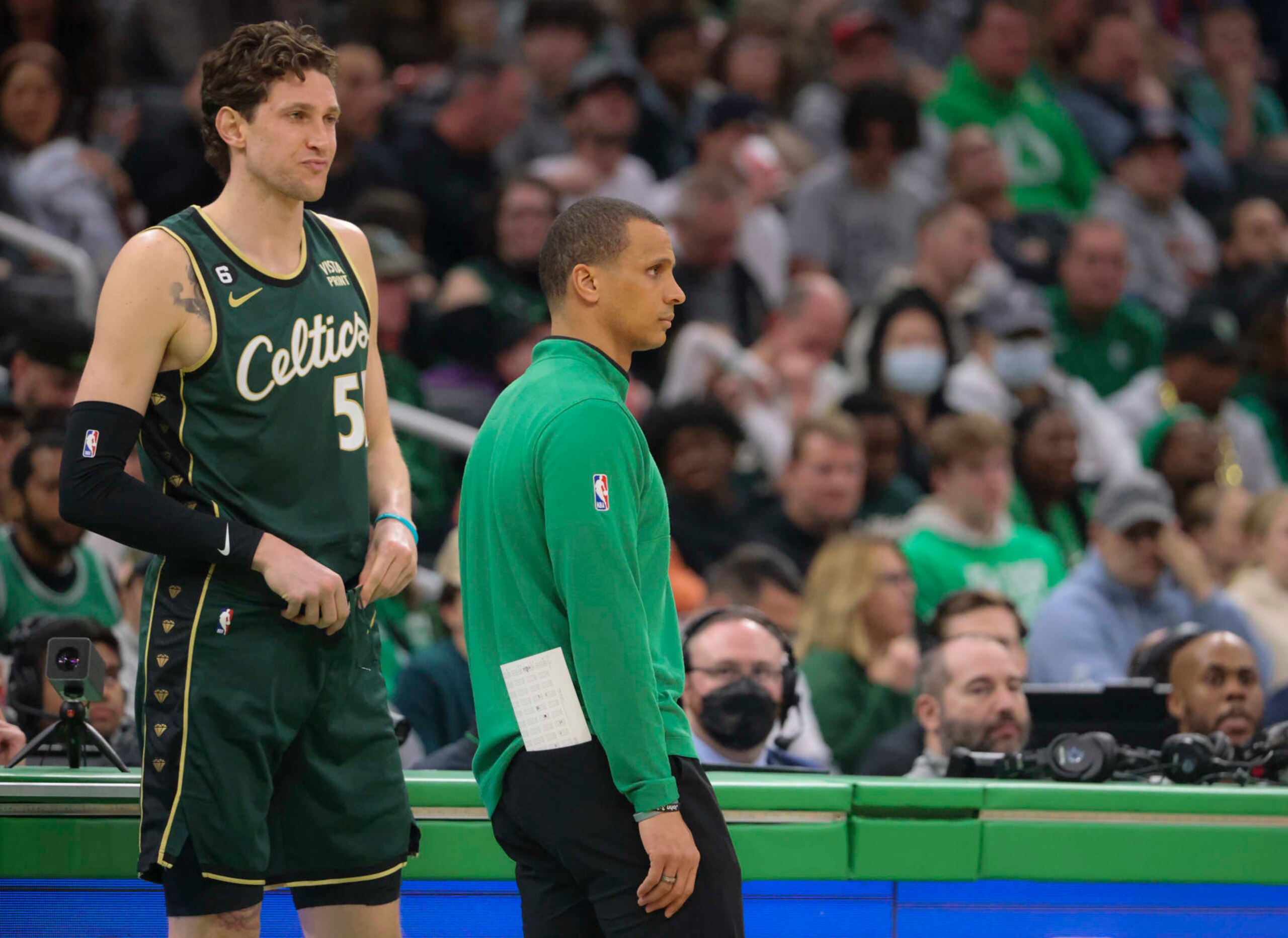 Boston, MA - February 12: Boston Celtics interim head coach Joe Mazzulla waits to sub in C Mike Muscala in the first quarter. The Celtics beat the Memphis Grizzlies, 119-109. (Photo by Matthew J. Lee/The Boston Globe via Getty Images)