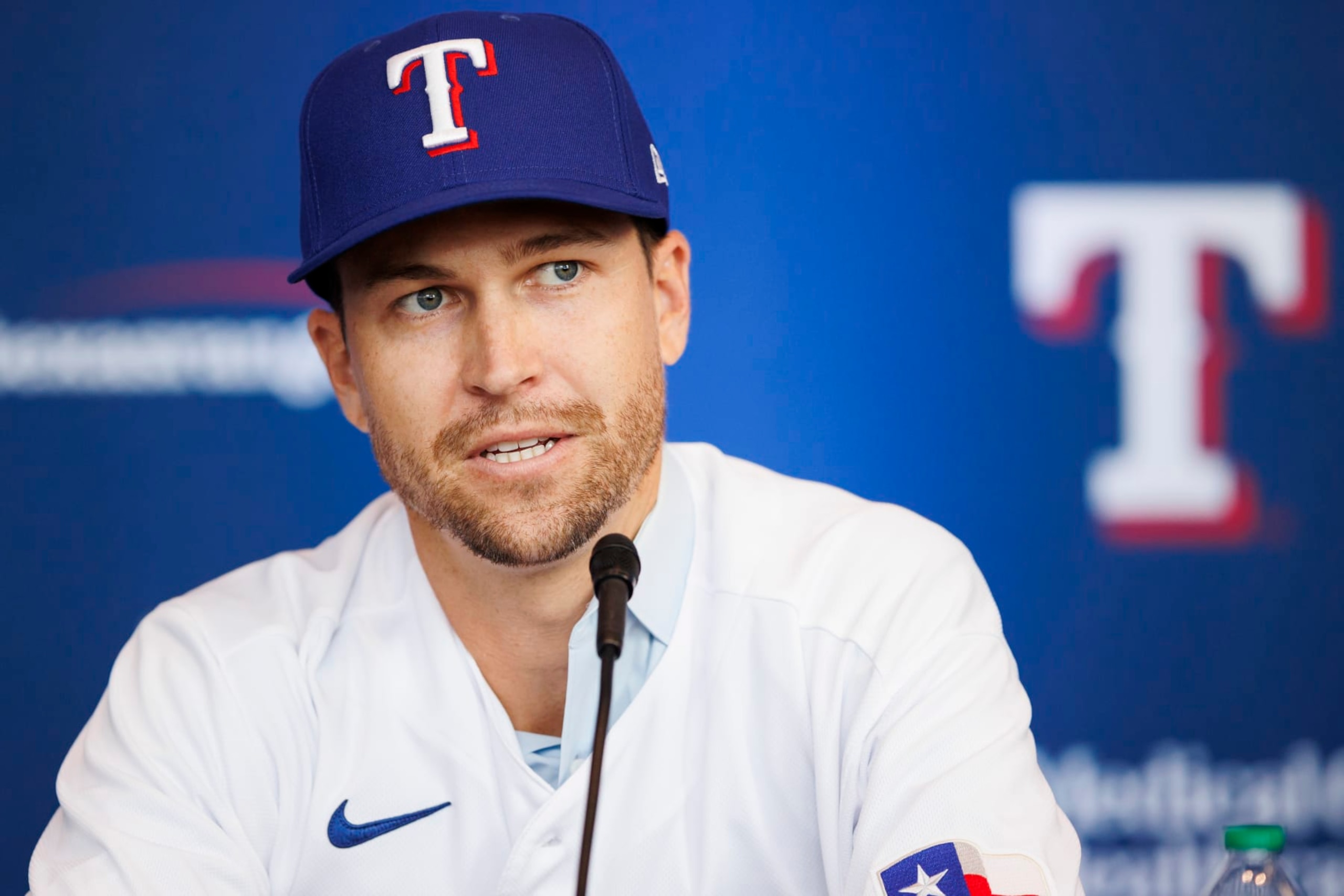 ARLINGTON, TX - DECEMBER 08: Jacob deGrom #48 of the Texas Rangers addresses the media at an introductory press conference at Globe Life Field on December 8, 2022 in Arlington, Texas. (Photo by Ben Ludeman/Texas Rangers/Getty Images)