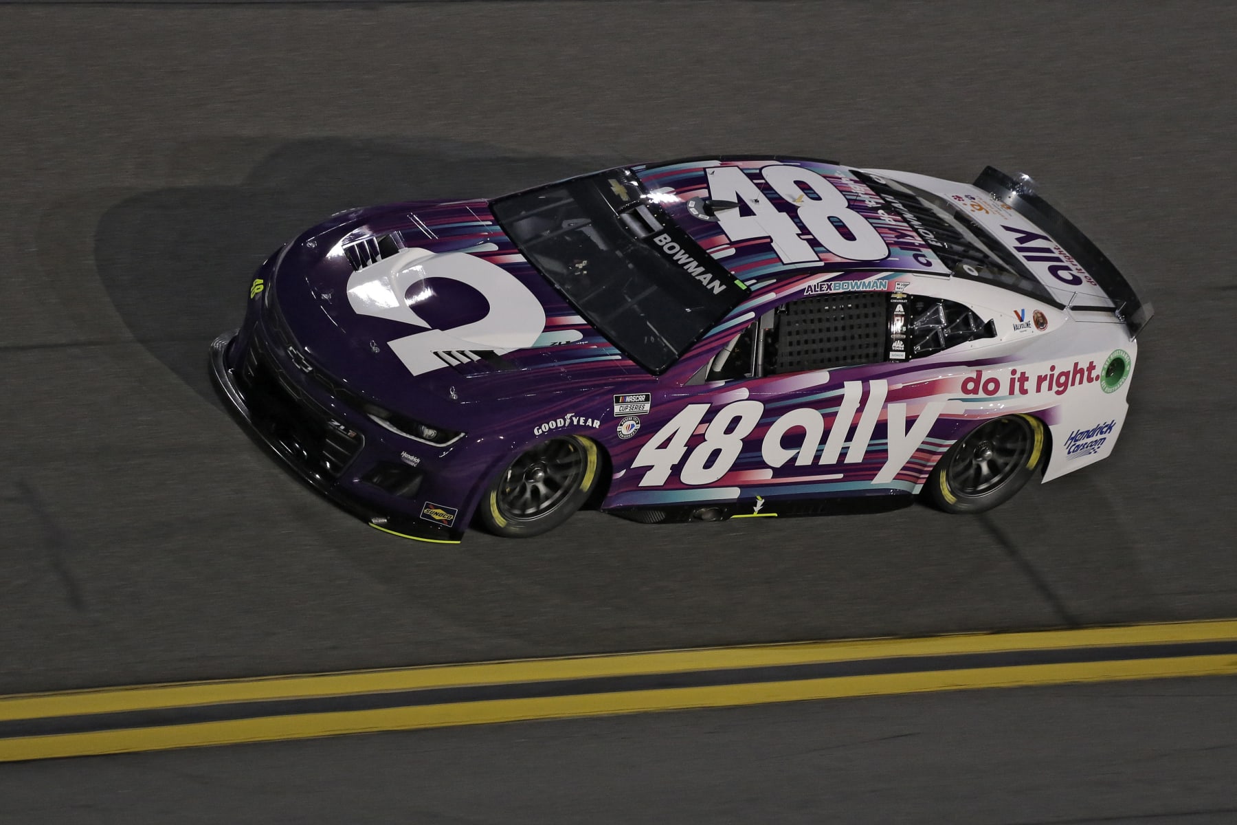 Alex Bowman drives out of turn four during qualifying for the NASCAR Daytona 500 auto race Wednesday, Feb. 15, 2023, at Daytona International Speedway in Daytona Beach, Fla. Bowman took the pole position for Sunday's race. (AP Photo/Terry Renna)