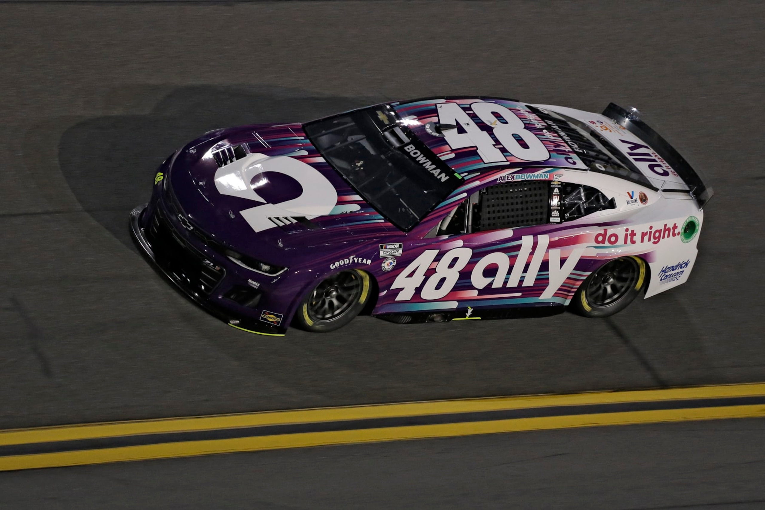 Alex Bowman drives out of turn four during qualifying for the NASCAR Daytona 500 auto race Wednesday, Feb. 15, 2023, at Daytona International Speedway in Daytona Beach, Fla. Bowman took the pole position for Sunday's race. (AP Photo/Terry Renna)