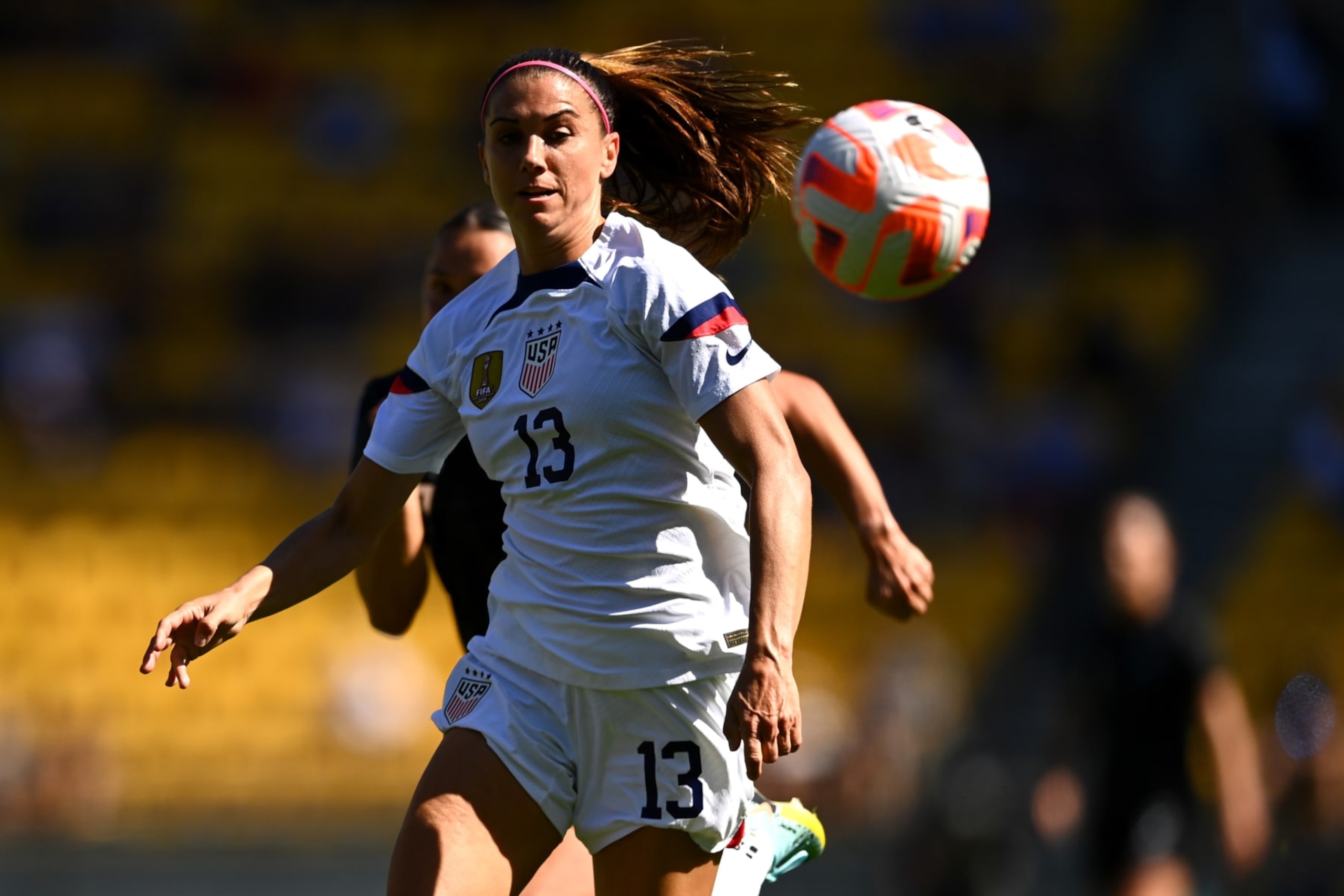 WELLINGTON, NEW ZEALAND - JANUARY 18: Alex Morgan of USA makes a break during the International friendly fixture match between the New Zealand Football Ferns and the United States at Sky Stadium on January 18, 2023 in Wellington, New Zealand. (Photo by Hannah Peters/Getty Images)