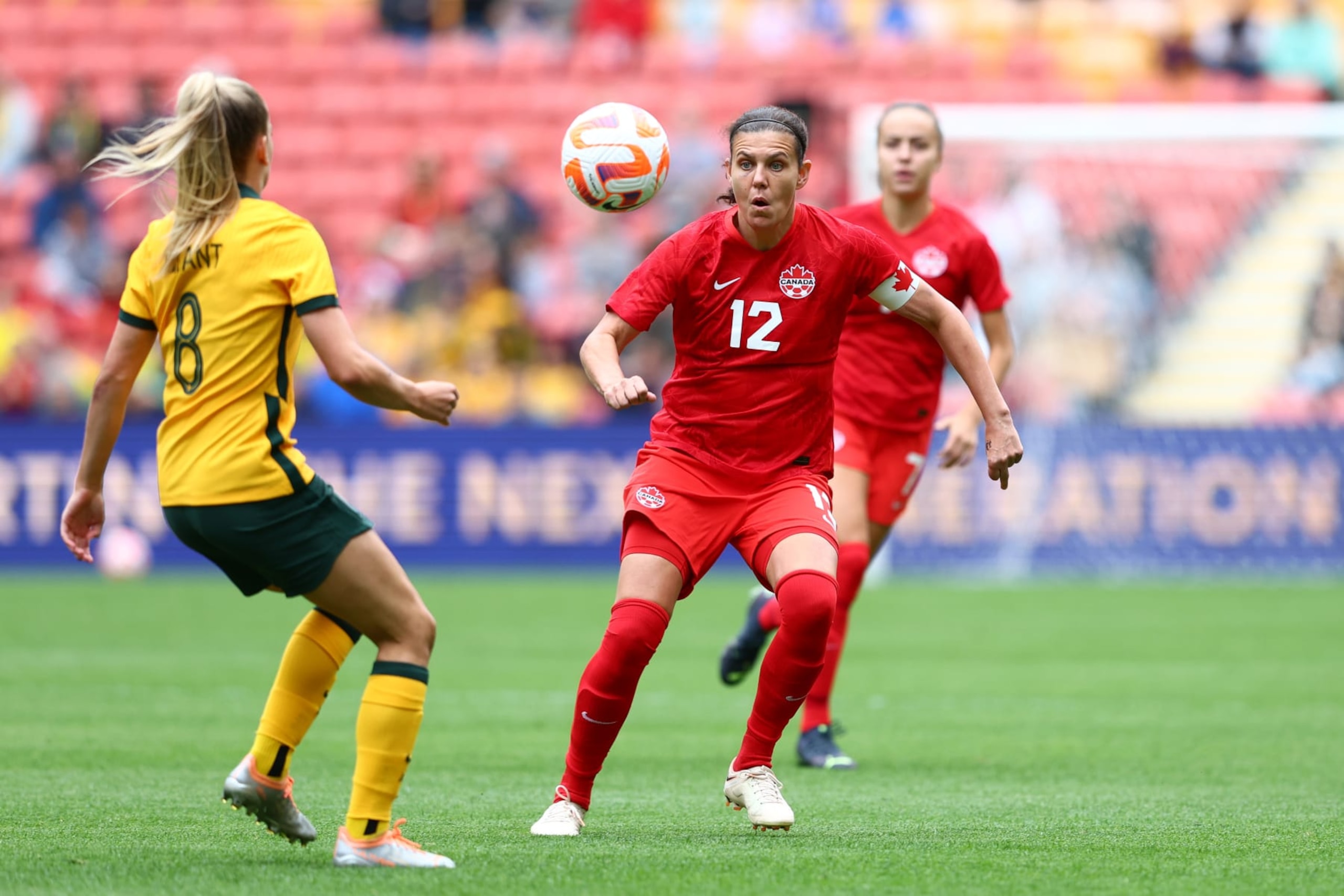 BRISBANE, AUSTRALIA - SEPTEMBER 03: Christine Sinclair of Canada in action during the International Women's Friendly match between the Australia Matildas and Canada at Suncorp Stadium on September 03, 2022 in Brisbane, Australia. (Photo by Chris Hyde/Getty Images)