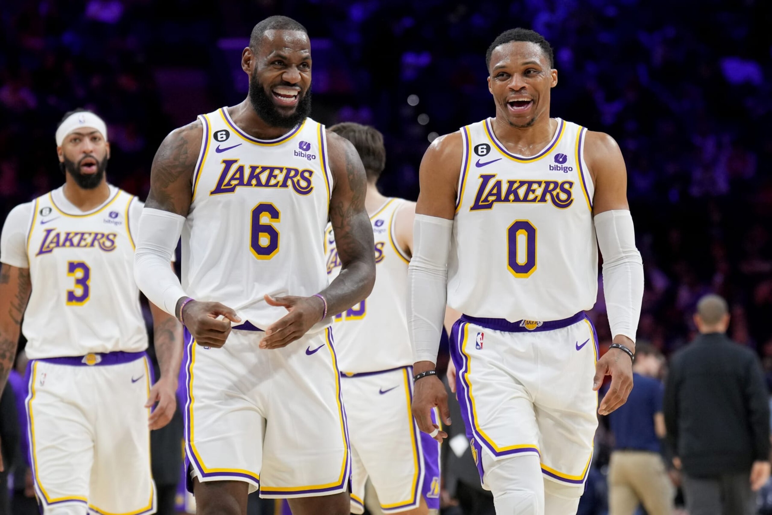 PHILADELPHIA, PA - DECEMBER 9: LeBron James #6 and Russell Westbrook #0 of the Los Angeles Lakers smile during the game against the Philadelphia 76ers on December 9, 2022 at the Wells Fargo Center in Philadelphia, Pennsylvania NOTE TO USER: User expressly acknowledges and agrees that, by downloading and/or using this Photograph, user is consenting to the terms and conditions of the Getty Images License Agreement. Mandatory Copyright Notice: Copyright 2022 NBAE (Photo by Jesse D. Garrabrant/NBAE via Getty Images)