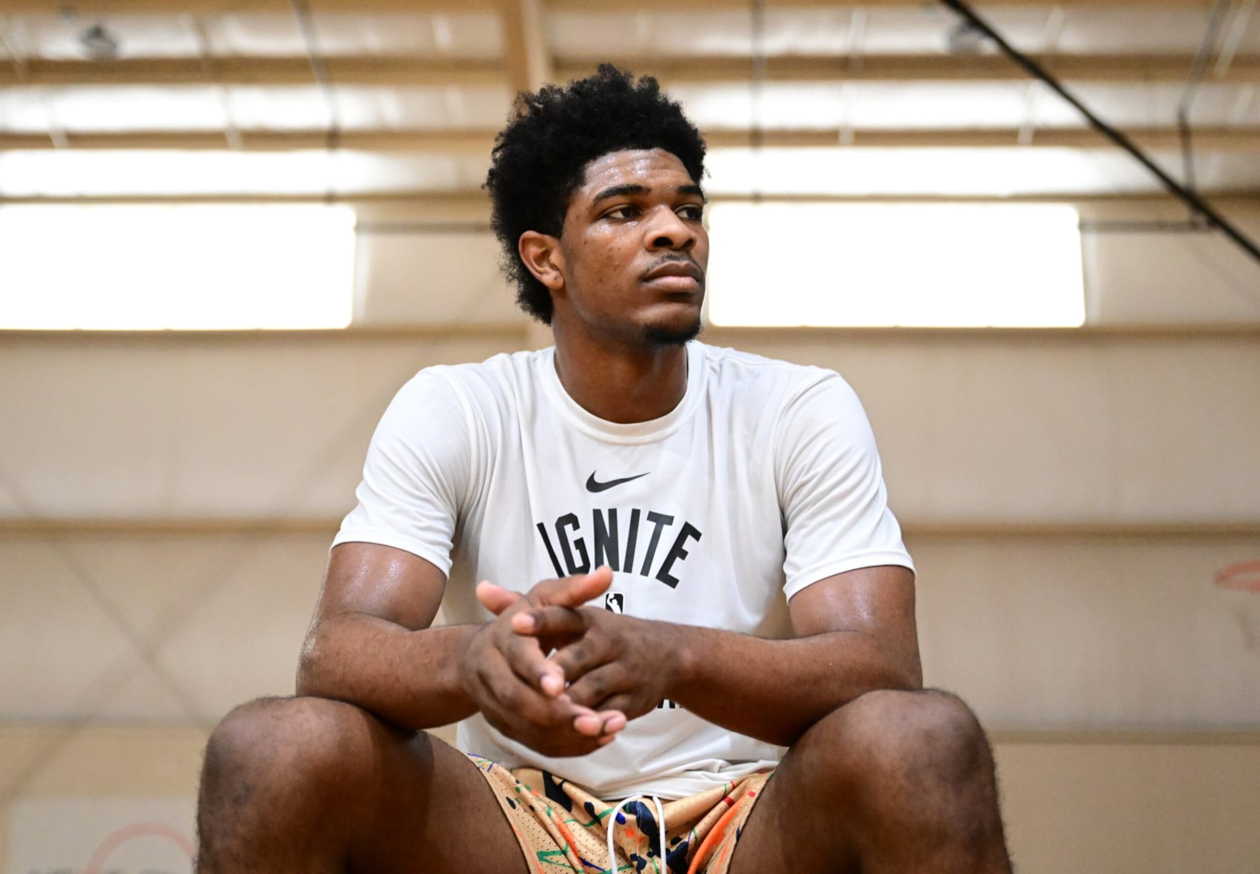 MARIETTA, GA - JANUARY 30: Scoot Henderson looks on during a private workout on January 30, 2023 at Next Play 360 in Marietta, Georgia. NOTE TO USER: User expressly acknowledges and agrees that, by downloading and or using this Photograph, user is consenting to the terms and conditions of the Getty Images License Agreement. Mandatory Copyright Notice: Copyright 2023 NBAE (Photo by Adam Hagy/NBAE via Getty Images)