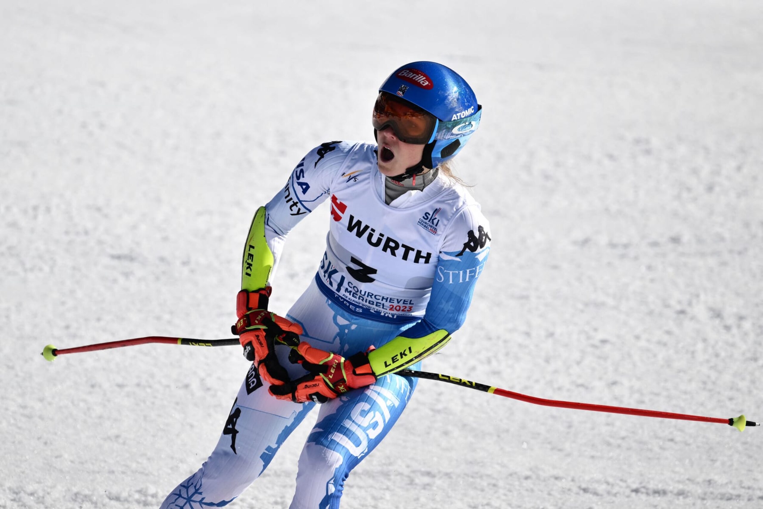 US Mikaela Shiffrin reacts after competing in the second run of the Women's Giant Slalom event of the FIS Alpine Ski World Championship 2023 in Meribel, French Alps, on February 16, 2023. (Photo by Jeff PACHOUD / AFP) (Photo by JEFF PACHOUD/AFP via Getty Images) US Mikaela Shiffrin reacts after competing in the second run of the Women's Giant Slalom event of the FIS Alpine Ski World Championship 2023 in Meribel, French Alps, on February 16, 2023. (Photo by Jeff PACHOUD / AFP) (Photo by JEFF PACHOUD/AFP via Getty Images)