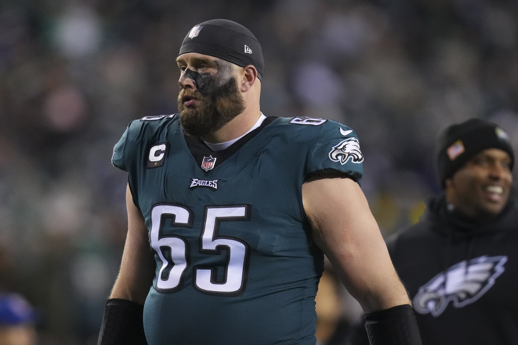 PHILADELPHIA, PA - JANUARY 21: Lane Johnson #65 of the Philadelphia Eagles walks to the locker room against the New York Giants during the NFC Divisional Playoff game at Lincoln Financial Field on January 21, 2023 in Philadelphia, Pennsylvania. (Photo by Mitchell Leff/Getty Images)