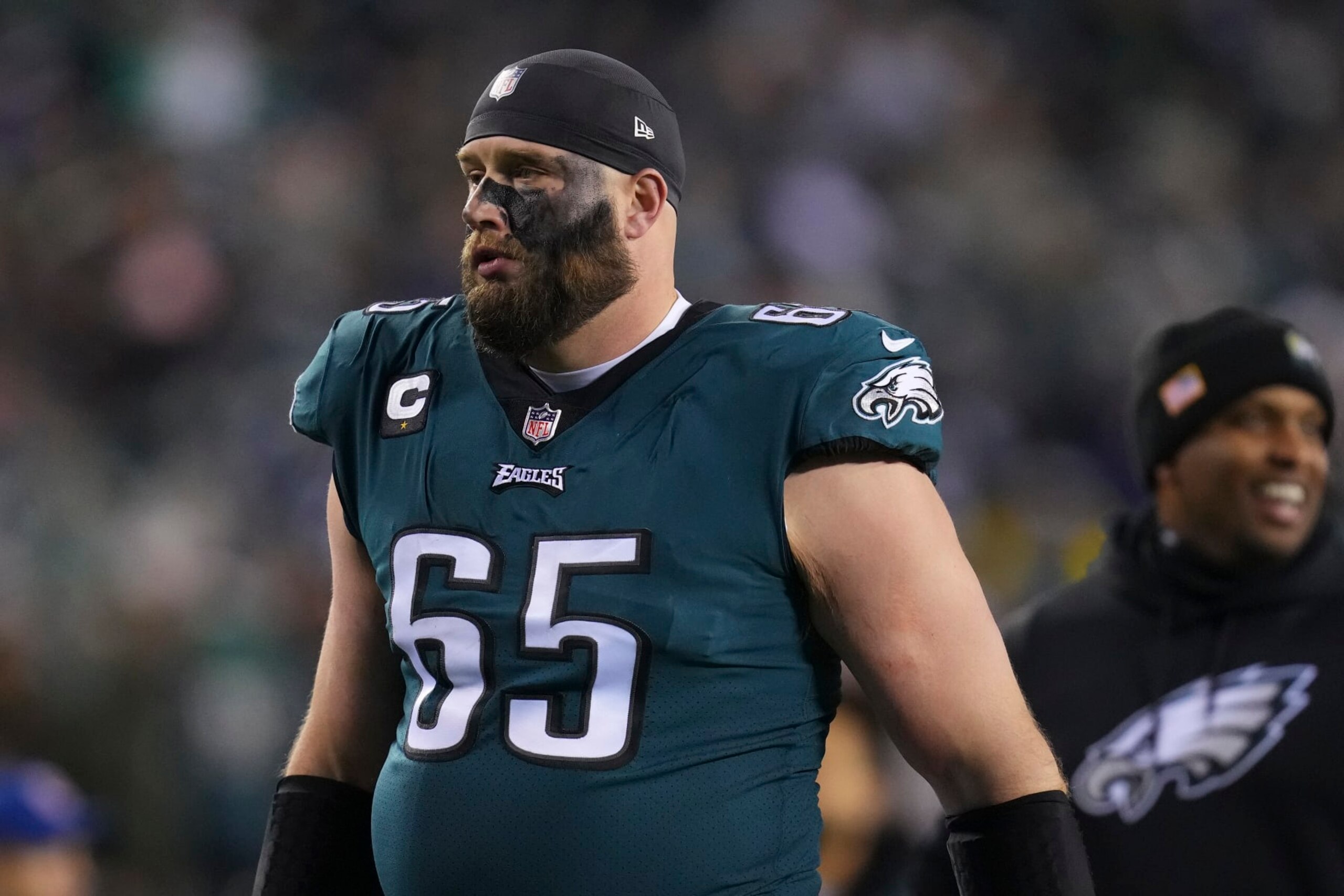 PHILADELPHIA, PA - JANUARY 21: Lane Johnson #65 of the Philadelphia Eagles walks to the locker room against the New York Giants during the NFC Divisional Playoff game at Lincoln Financial Field on January 21, 2023 in Philadelphia, Pennsylvania. (Photo by Mitchell Leff/Getty Images)