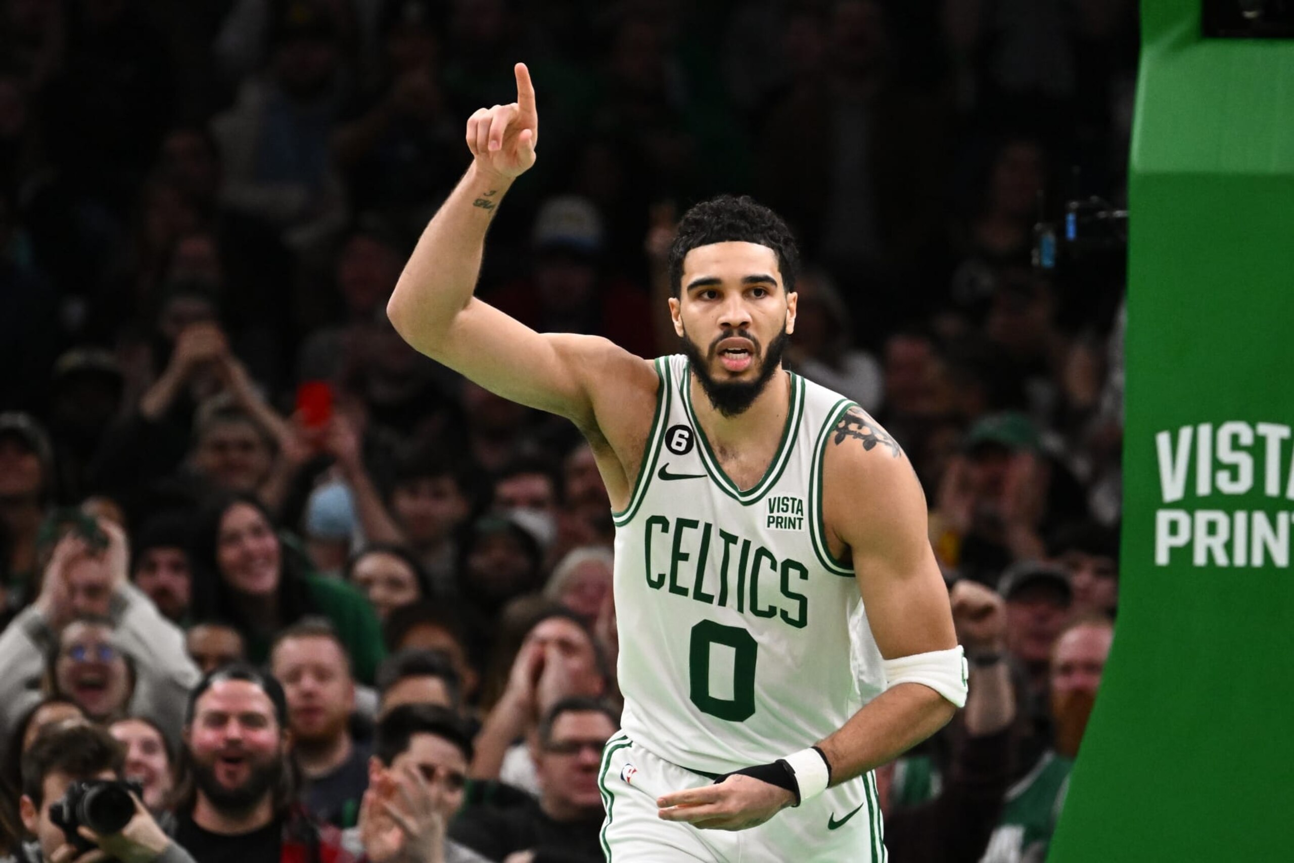 BOSTON, MASSACHUSETTS - FEBRUARY 15: Jayson Tatum #0 of the Boston Celtics reacts after scoring against the Detroit Pistons during the fourth quarter at the TD Garden on February 15, 2023 in Boston, Massachusetts. NOTE TO USER: User expressly acknowledges and agrees that, by downloading and or using this photograph, User is consenting to the terms and conditions of the Getty Images License Agreement. (Photo by Brian Fluharty/Getty Images)