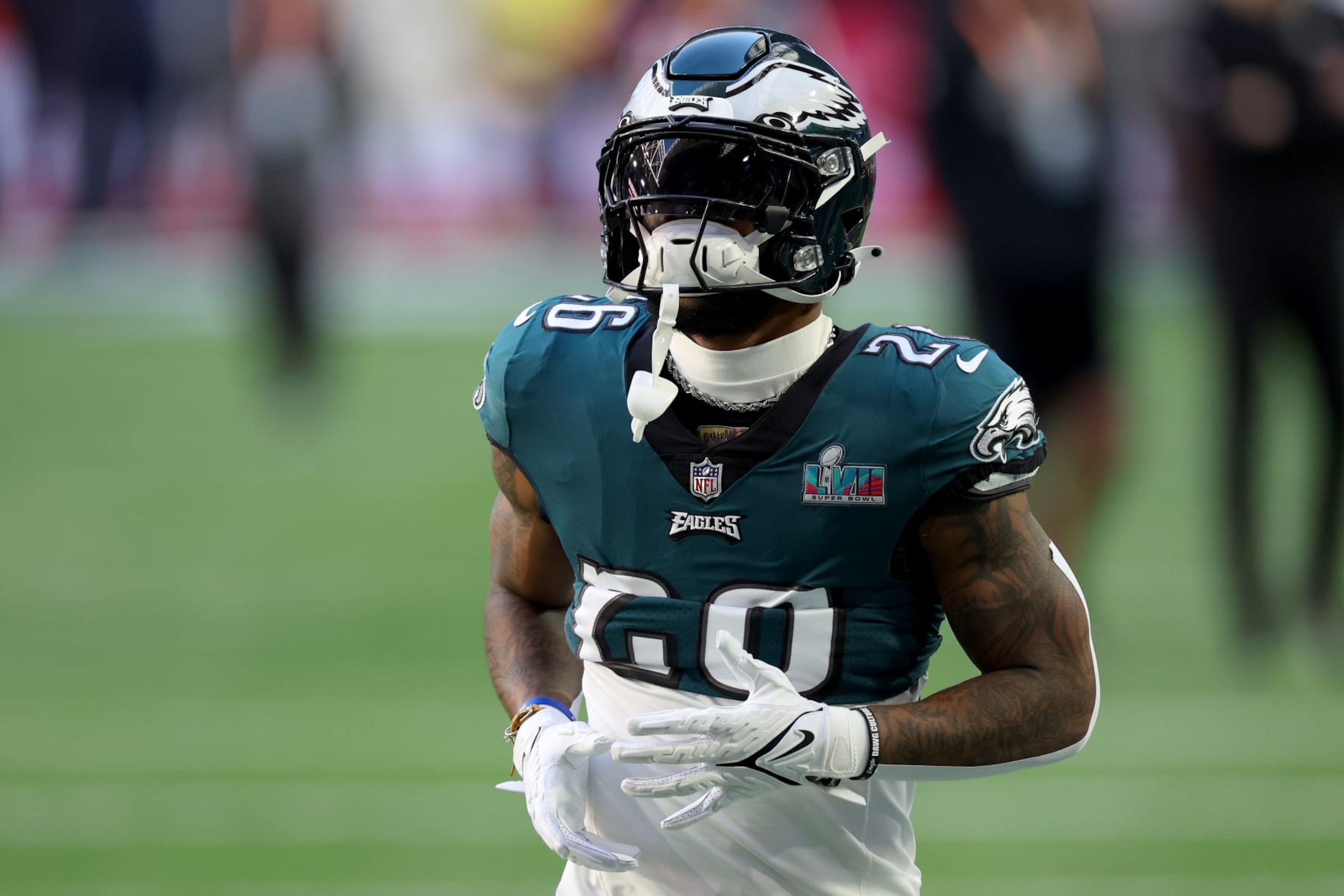 GLENDALE, ARIZONA - FEBRUARY 12: Miles Sanders #26 of the Philadelphia Eagles warms up prior to Super Bowl LVII against the Kansas City Chiefs at State Farm Stadium on February 12, 2023 in Glendale, Arizona. (Photo by Ezra Shaw/Getty Images)