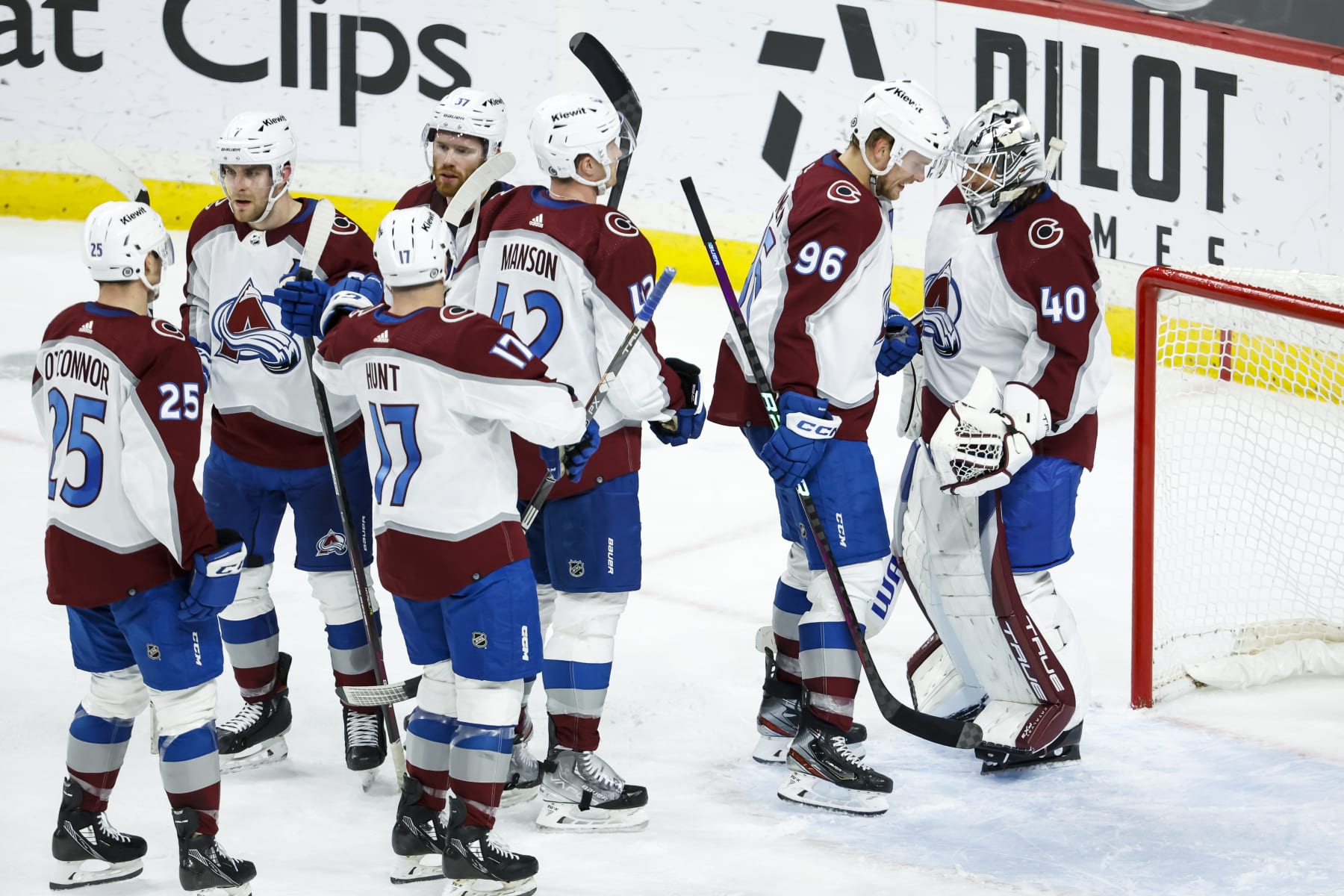 ST PAUL, MN - FEBRUARY 15: Members of the Colorado Avalanche celebrate their victory against the Minnesota Wild after the game at Xcel Energy Center on February 15, 2023 in St Paul, Minnesota. The Avalanche defeated the Wild 3-2. (Photo by David Berding/Getty Images)