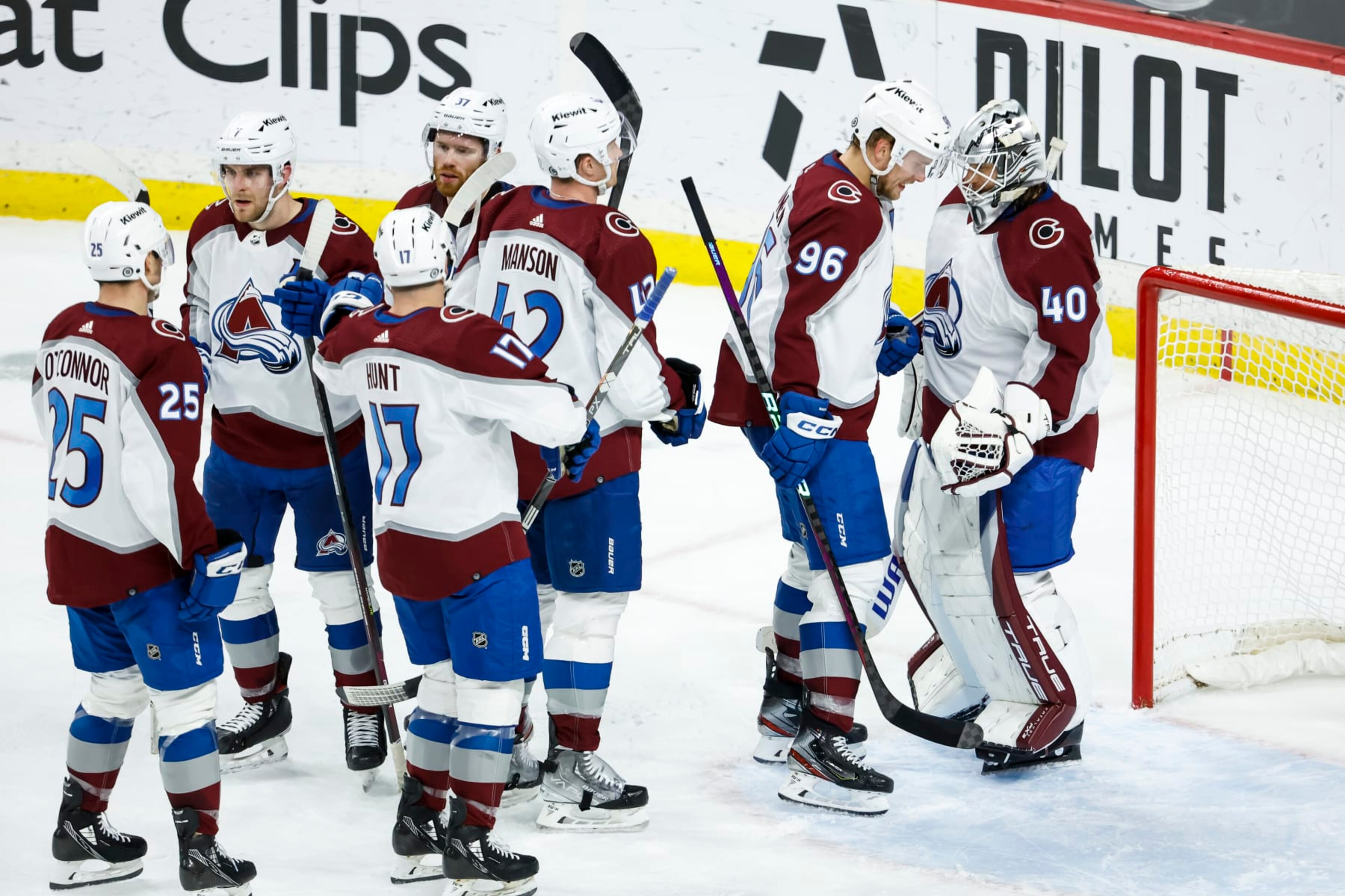 ST PAUL, MN - FEBRUARY 15: Members of the Colorado Avalanche celebrate their victory against the Minnesota Wild after the game at Xcel Energy Center on February 15, 2023 in St Paul, Minnesota. The Avalanche defeated the Wild 3-2. (Photo by David Berding/Getty Images) ST PAUL, MN - FEBRUARY 15: Members of the Colorado Avalanche celebrate their victory against the Minnesota Wild after the game at Xcel Energy Center on February 15, 2023 in St Paul, Minnesota. The Avalanche defeated the Wild 3-2. (Photo by David Berding/Getty Images)