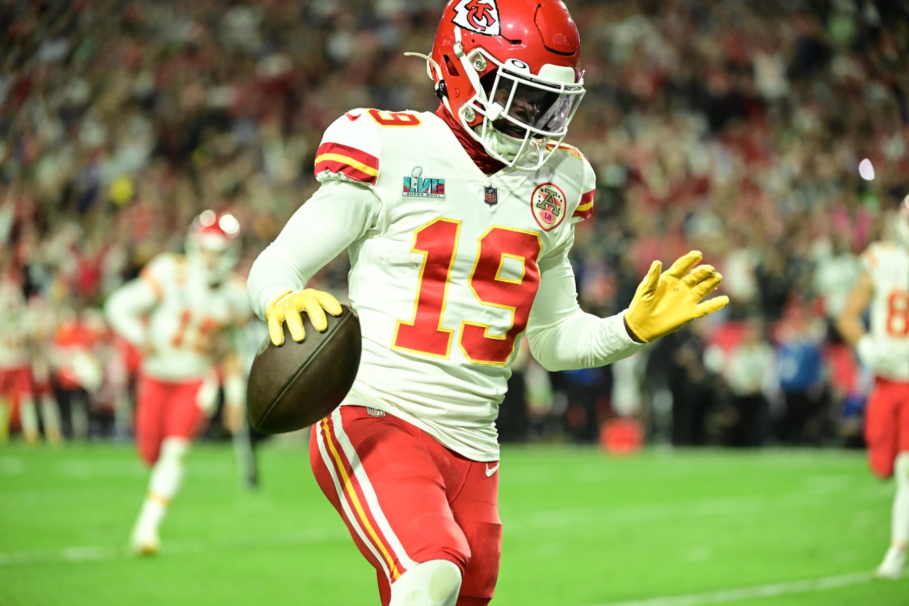 Football: Super Bowl LVII: Kansas City Chiefs 
Kadarius Toney (19) in action, celebrates after running with the football vs Philadelphia Eagles at State Farm Stadium. 
Glendale, AZ 2/12/2023
CREDIT: Kohjiro Kinno (Photo by Kohjiro Kinno/Sports Illustrated via Getty Images) 
(Set Number: X164304 TK1)