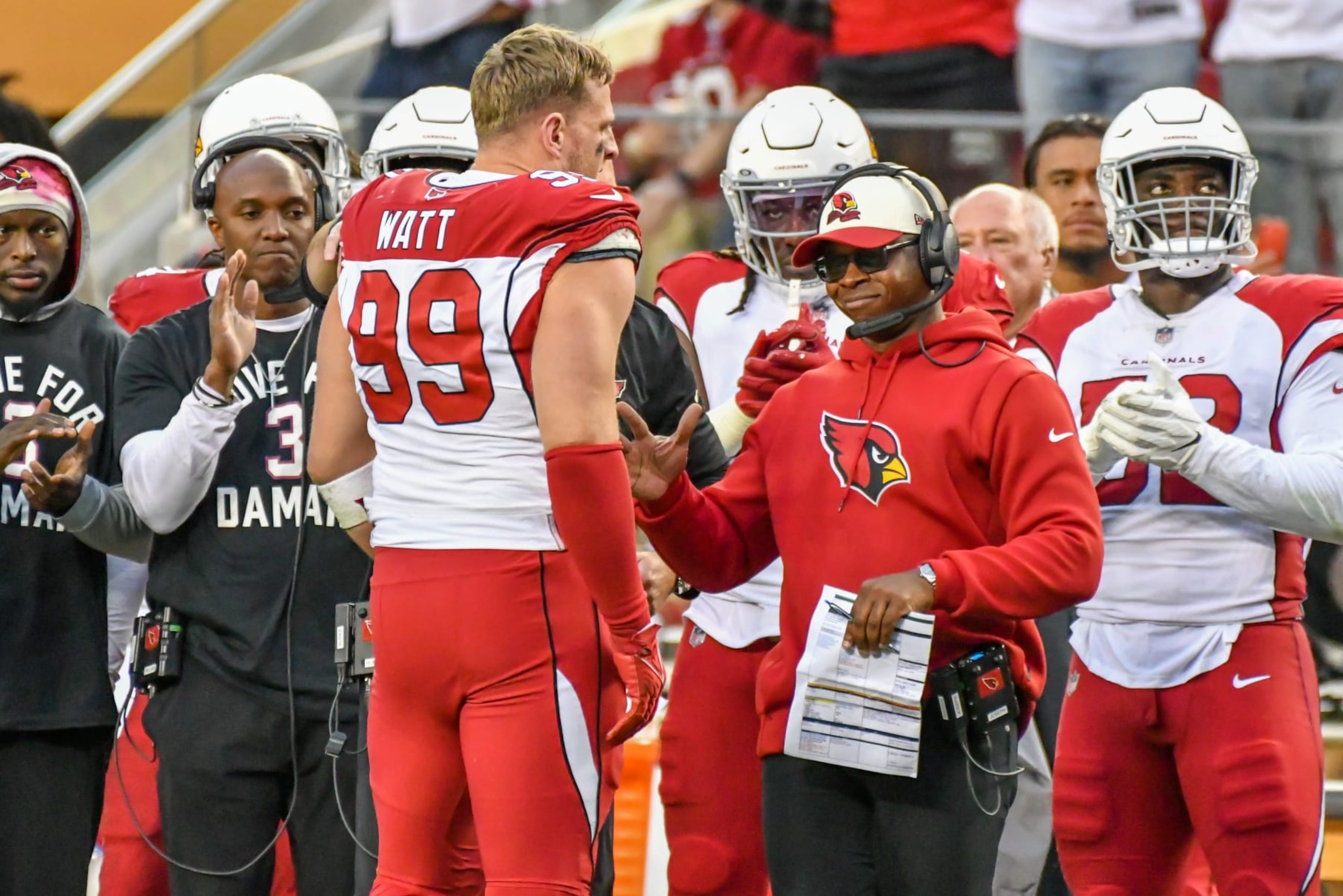 SANTA CLARA, CA - JANUARY 08: Arizona Cardinals defensive coordinator, Vance Joseph, congratulates Arizona Cardinals defensive end J.J. Watt (99) as he comes off the field in the Week 18 game between the Arizona Cardinals and the San Francisco 49ers on Sunday, January 8, 2023 at Levi's Stadium in Santa Clara, California. (Photo by Douglas Stringer/Icon Sportswire via Getty Images) SANTA CLARA, CA - JANUARY 08: Arizona Cardinals defensive coordinator, Vance Joseph, congratulates Arizona Cardinals defensive end J.J. Watt (99) as he comes off the field in the Week 18 game between the Arizona Cardinals and the San Francisco 49ers on Sunday, January 8, 2023 at Levi's Stadium in Santa Clara, California. (Photo by Douglas Stringer/Icon Sportswire via Getty Images)