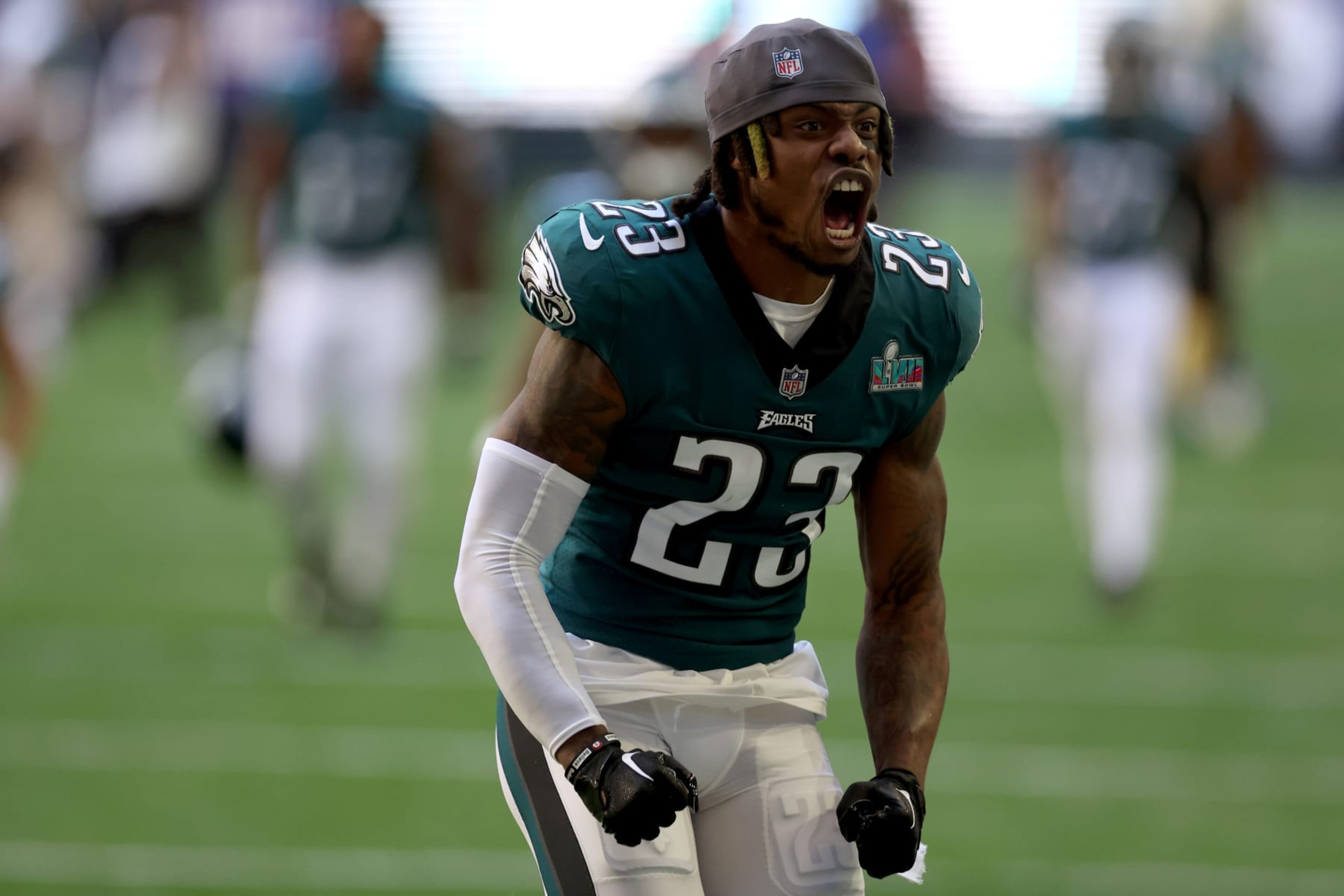 GLENDALE, ARIZONA - FEBRUARY 12: C.J. Gardner-Johnson #23 of the Philadelphia Eagles takes the field prior to playing the Kansas City Chiefs in Super Bowl LVII at State Farm Stadium on February 12, 2023 in Glendale, Arizona. (Photo by Ezra Shaw/Getty Images) GLENDALE, ARIZONA - FEBRUARY 12: C.J. Gardner-Johnson #23 of the Philadelphia Eagles takes the field prior to playing the Kansas City Chiefs in Super Bowl LVII at State Farm Stadium on February 12, 2023 in Glendale, Arizona. (Photo by Ezra Shaw/Getty Images)