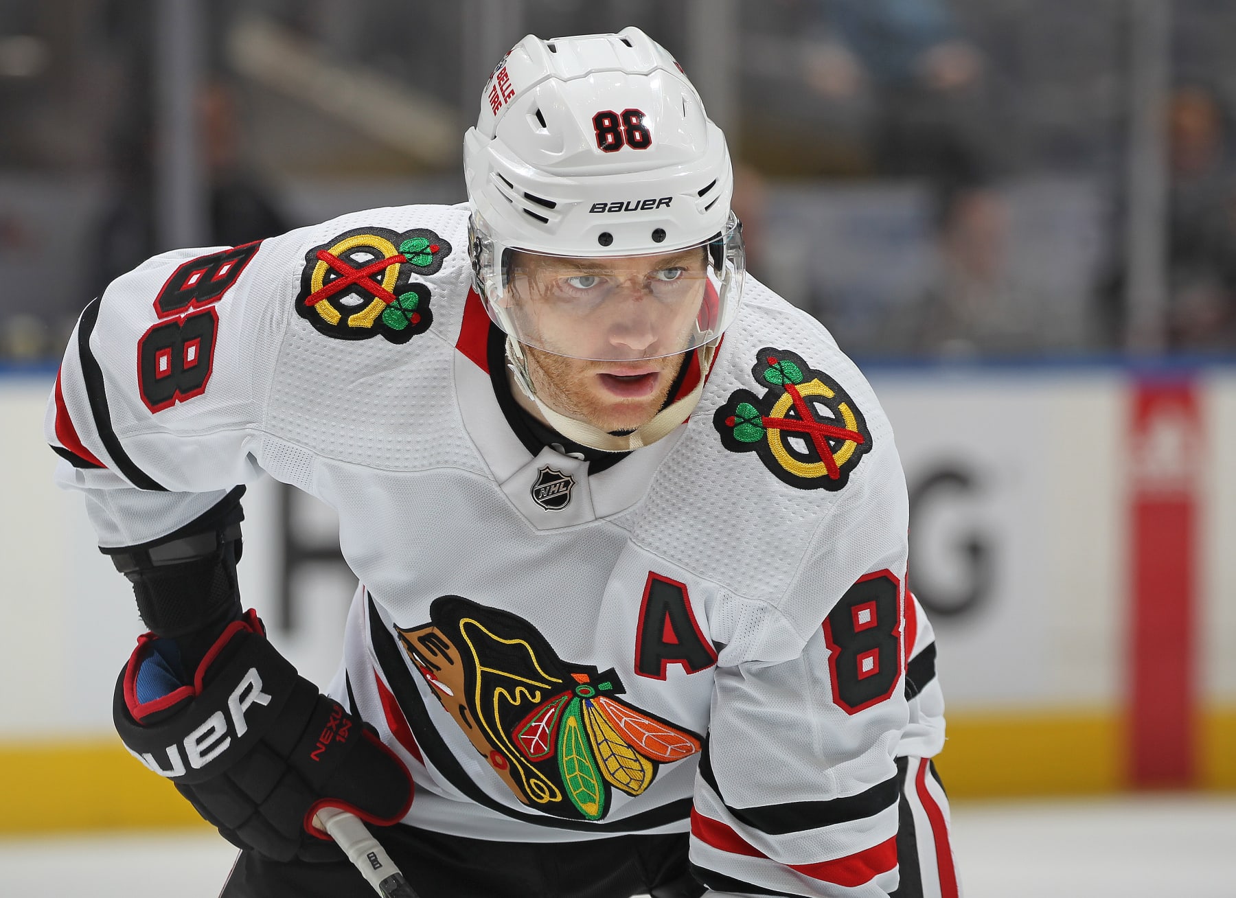 TORONTO, CANADA - FEBRUARY 15:  Patrick Kane #88 of the Chicago Blackhawks waits for a faceoff against the Toronto Maple Leafs at Scotiabank Arena on February 15, 2023 in Toronto, Ontario, Canada. The Maple Leafs defeated the Blackhawks 5-2. (Photo by Claus Andersen/Getty Images)
