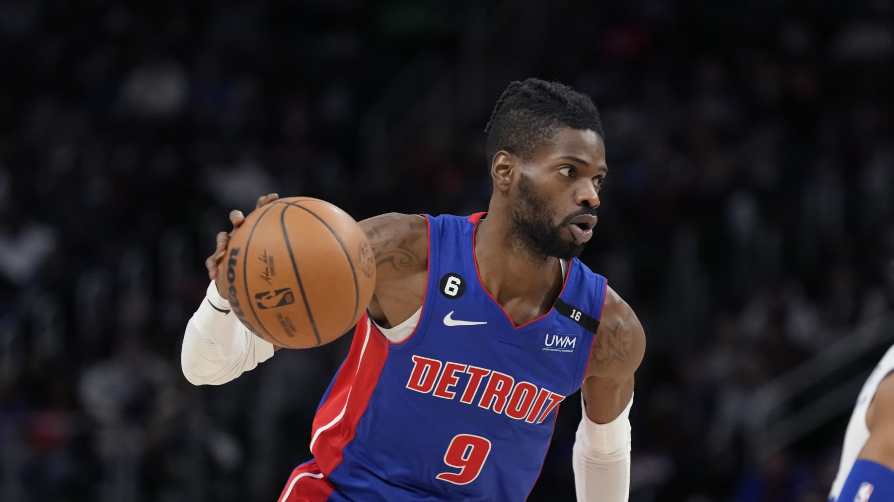 Detroit Pistons forward Nerlens Noel plays during the second half of an NBA basketball game, Sunday, Jan. 8, 2023, in Detroit. (AP Photo/Carlos Osorio)