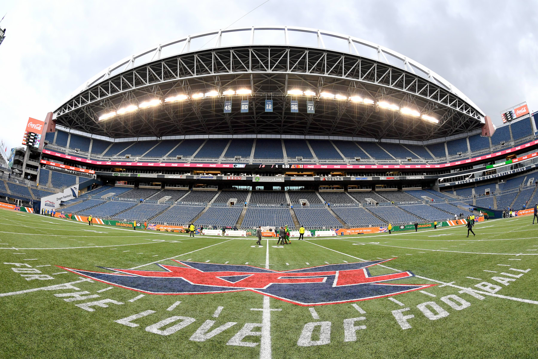 SEATTLE, WASHINGTON - FEBRUARY 22: A general interior view of CenturyLink Field with the XFL midfield logo after the game between the Seattle Dragons and the Dallas Renegades at CenturyLink Field on February 22, 2020 in Seattle, Washington. The Dallas Renegades topped the Seattle Dragons, 24-12. (Photo by Alika Jenner/Getty Images)