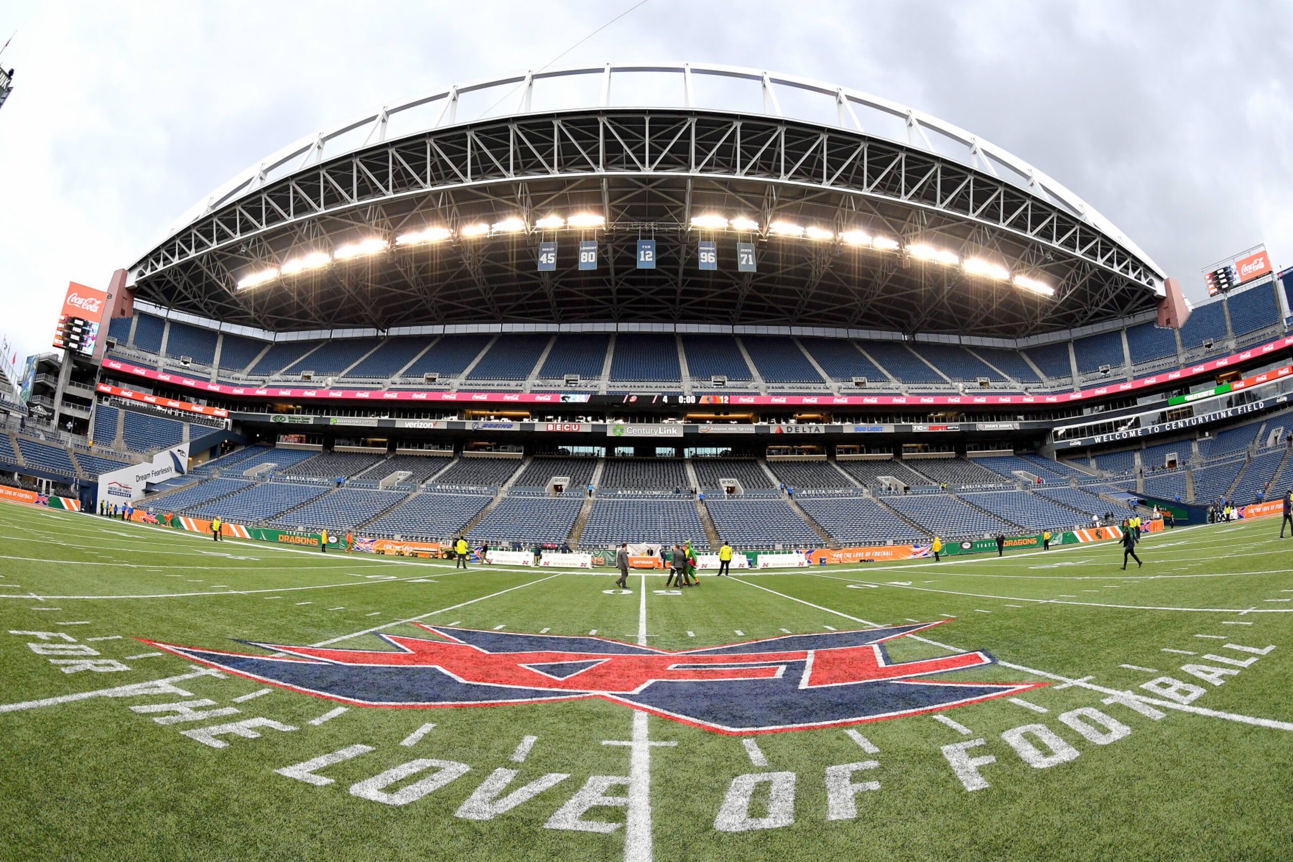 SEATTLE, WASHINGTON - FEBRUARY 22: A general interior view of CenturyLink Field with the XFL midfield logo after the game between the Seattle Dragons and the Dallas Renegades at CenturyLink Field on February 22, 2020 in Seattle, Washington. The Dallas Renegades topped the Seattle Dragons, 24-12. (Photo by Alika Jenner/Getty Images) SEATTLE, WASHINGTON - FEBRUARY 22: A general interior view of CenturyLink Field with the XFL midfield logo after the game between the Seattle Dragons and the Dallas Renegades at CenturyLink Field on February 22, 2020 in Seattle, Washington. The Dallas Renegades topped the Seattle Dragons, 24-12. (Photo by Alika Jenner/Getty Images)