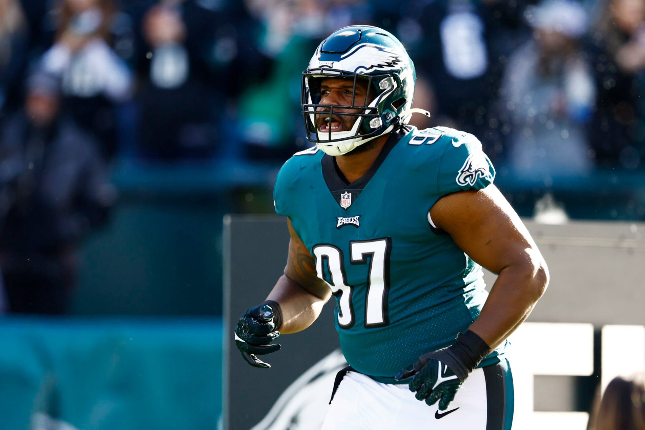 Philadelphia Eagles defensive tackle Javon Hargrave (97) is introduced before an NFL football game against the New Orleans Saints, Sunday, Jan. 1, 2023, in Philadelphia. (AP Photo/Rich Schultz)