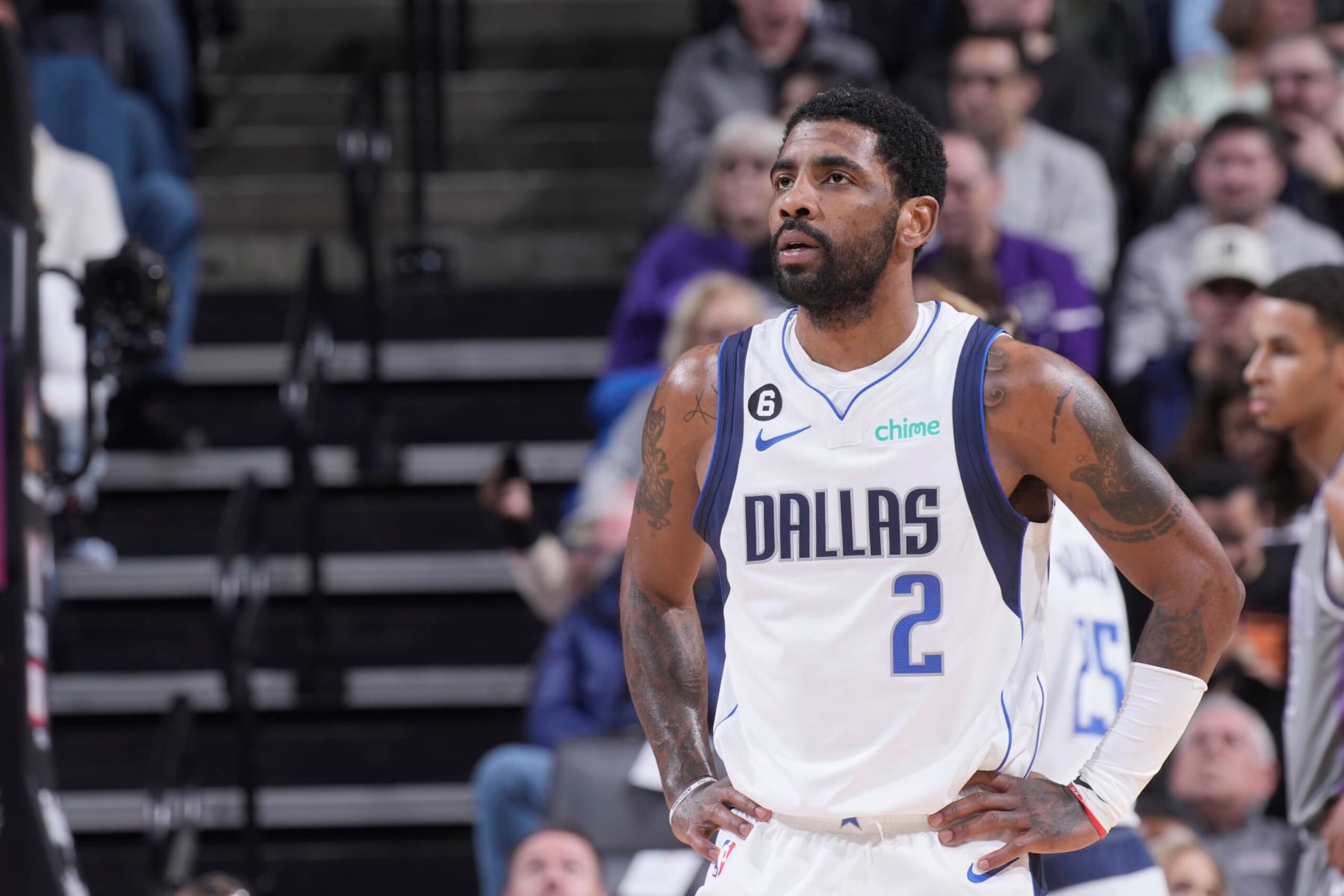 SACRAMENTO, CA - FEBRUARY 10: Kyrie Irving #2 of the Dallas Mavericks looks on during the game against the Sacramento Kings on February 10, 2023 at Golden 1 Center in Sacramento, California. NOTE TO USER: User expressly acknowledges and agrees that, by downloading and or using this photograph, User is consenting to the terms and conditions of the Getty Images Agreement. Mandatory Copyright Notice: Copyright 2023 NBAE (Photo by Rocky Widner/NBAE via Getty Images) SACRAMENTO, CA - FEBRUARY 10: Kyrie Irving #2 of the Dallas Mavericks looks on during the game against the Sacramento Kings on February 10, 2023 at Golden 1 Center in Sacramento, California. NOTE TO USER: User expressly acknowledges and agrees that, by downloading and or using this photograph, User is consenting to the terms and conditions of the Getty Images Agreement. Mandatory Copyright Notice: Copyright 2023 NBAE (Photo by Rocky Widner/NBAE via Getty Images)