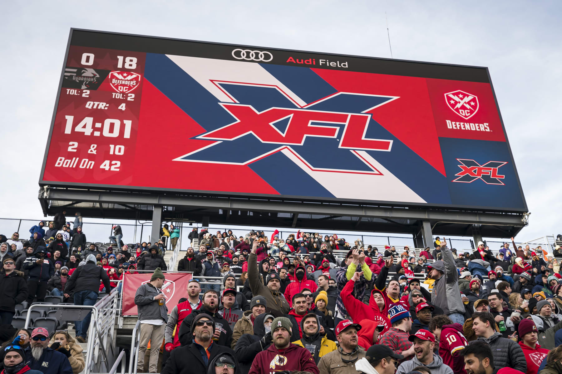 WASHINGTON, DC - FEBRUARY 15: A general view of the scoreboard displaying the XFL logo during the game between the DC Defenders and the NY Guardians at Audi Field on February 15, 2020 in Washington, DC. (Photo by Scott Taetsch/Getty Images)