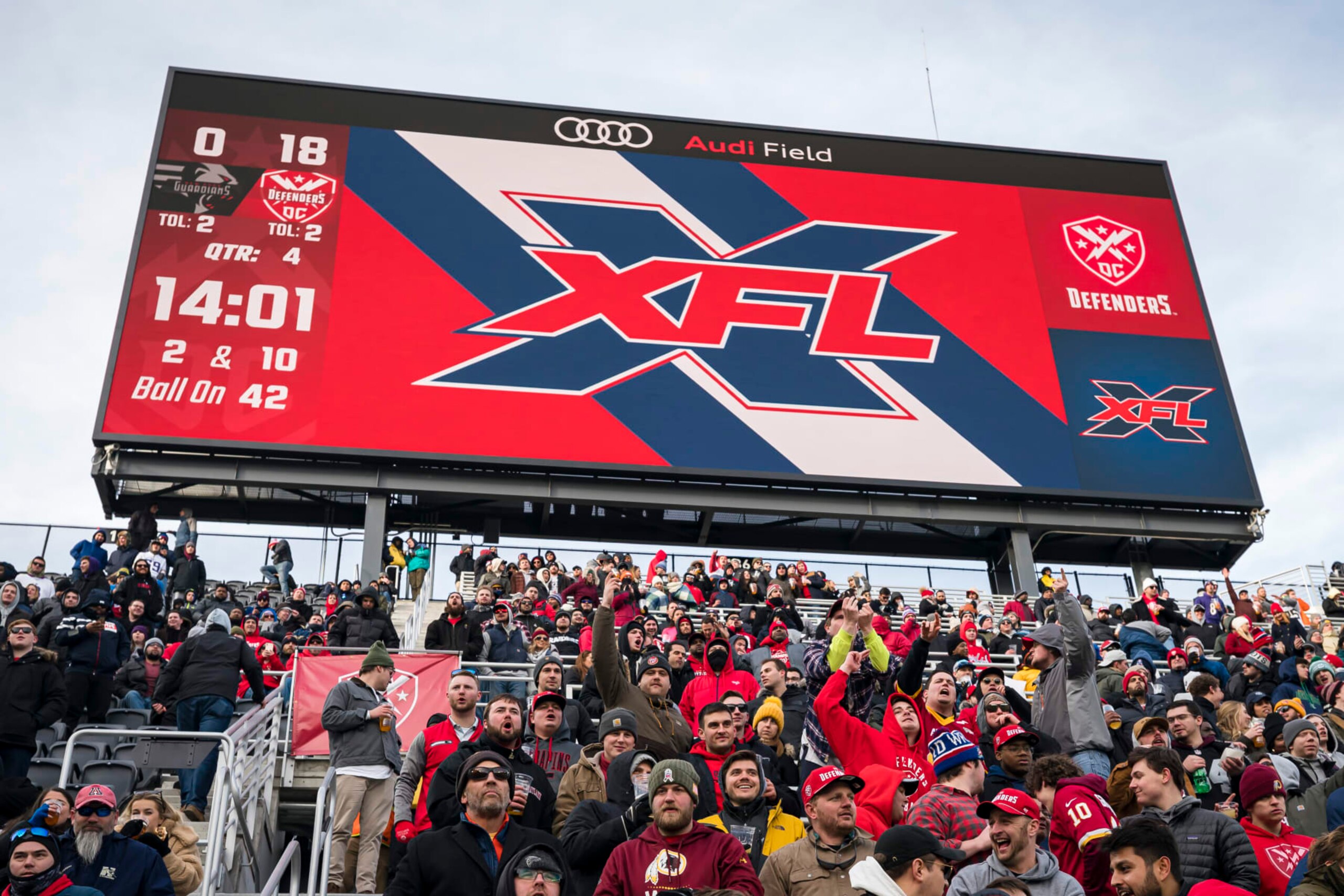 WASHINGTON, DC - FEBRUARY 15: A general view of the scoreboard displaying the XFL logo during the game between the DC Defenders and the NY Guardians at Audi Field on February 15, 2020 in Washington, DC. (Photo by Scott Taetsch/Getty Images) WASHINGTON, DC - FEBRUARY 15: A general view of the scoreboard displaying the XFL logo during the game between the DC Defenders and the NY Guardians at Audi Field on February 15, 2020 in Washington, DC. (Photo by Scott Taetsch/Getty Images)