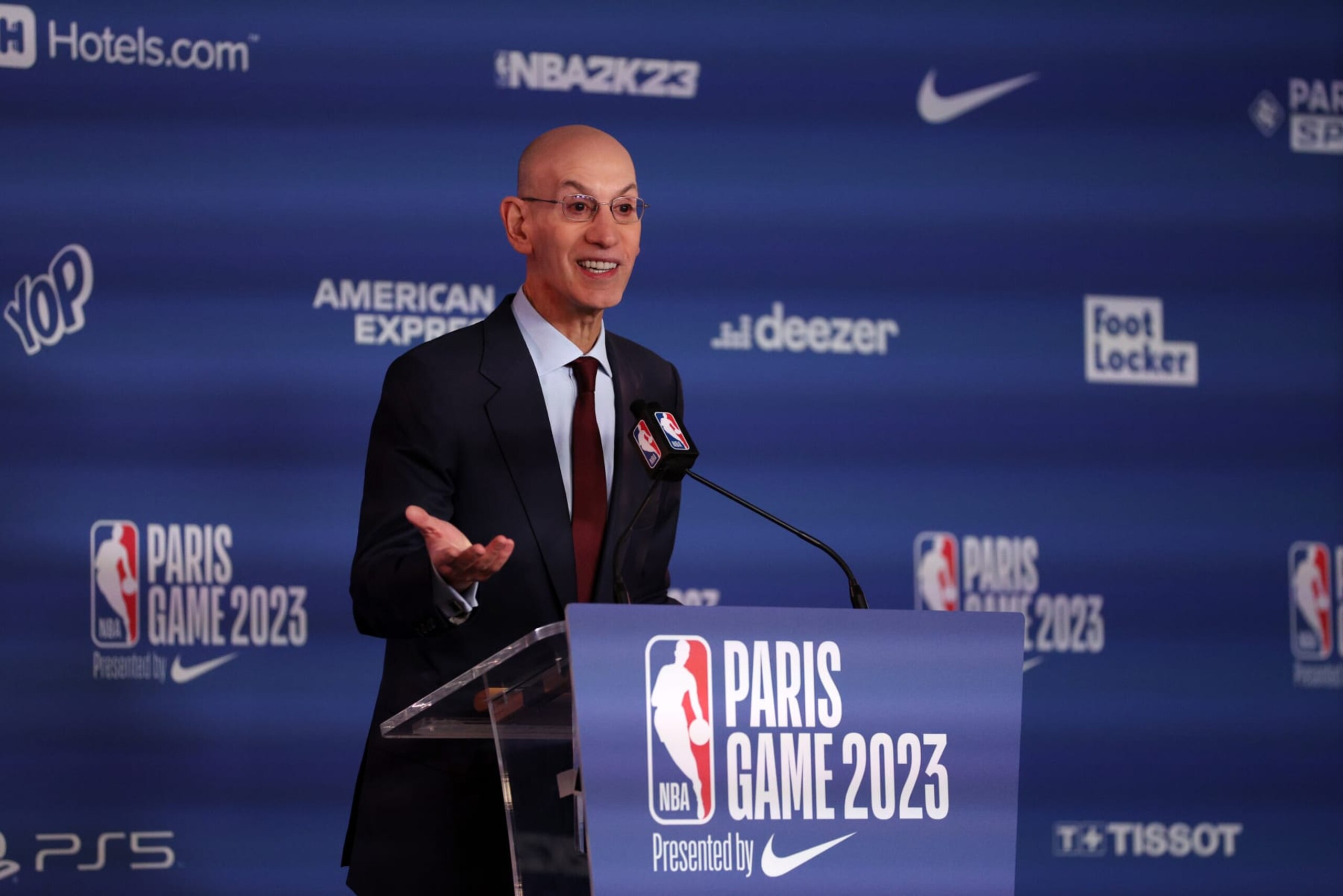 PARIS, FRANCE - JANUARY 19: Adam Silver, Commissioner of the NBA speaks prior to the NBA match between Chicago Bulls v Detroit Pistons at The Accor Arena on January 19, 2023 in Paris, France. (Photo by Dean Mouhtaropoulos/Getty Images)