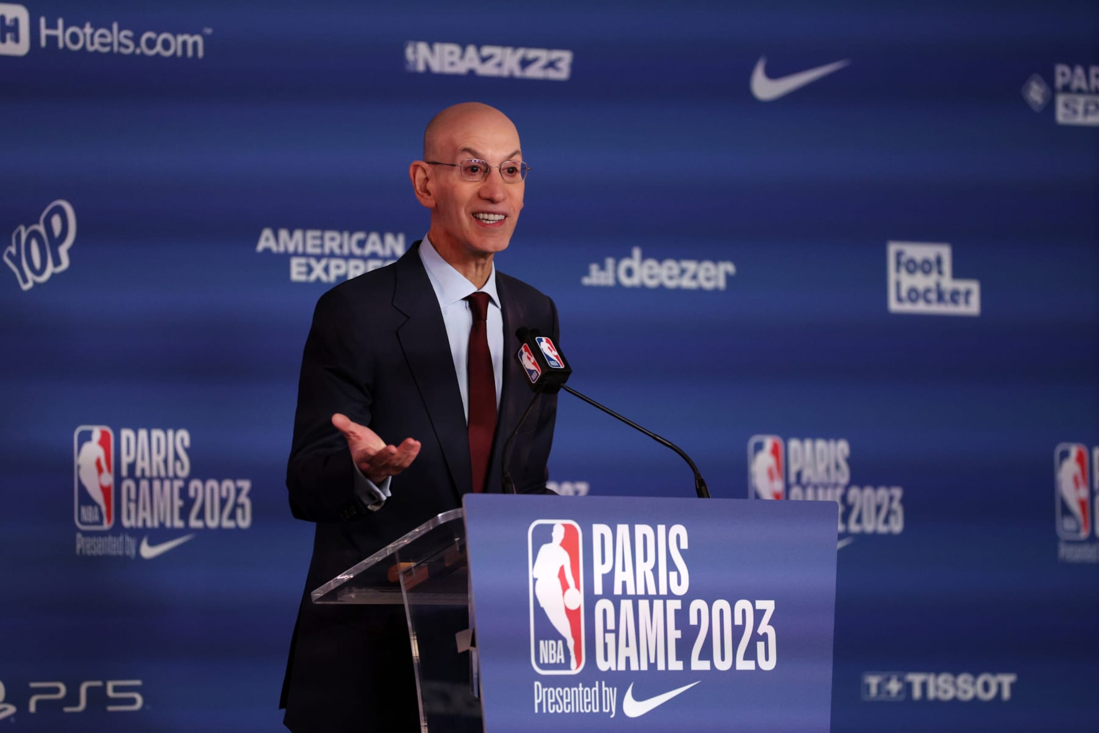 PARIS, FRANCE - JANUARY 19: Adam Silver, Commissioner of the NBA speaks prior to the NBA match between Chicago Bulls v Detroit Pistons at The Accor Arena on January 19, 2023 in Paris, France. (Photo by Dean Mouhtaropoulos/Getty Images)