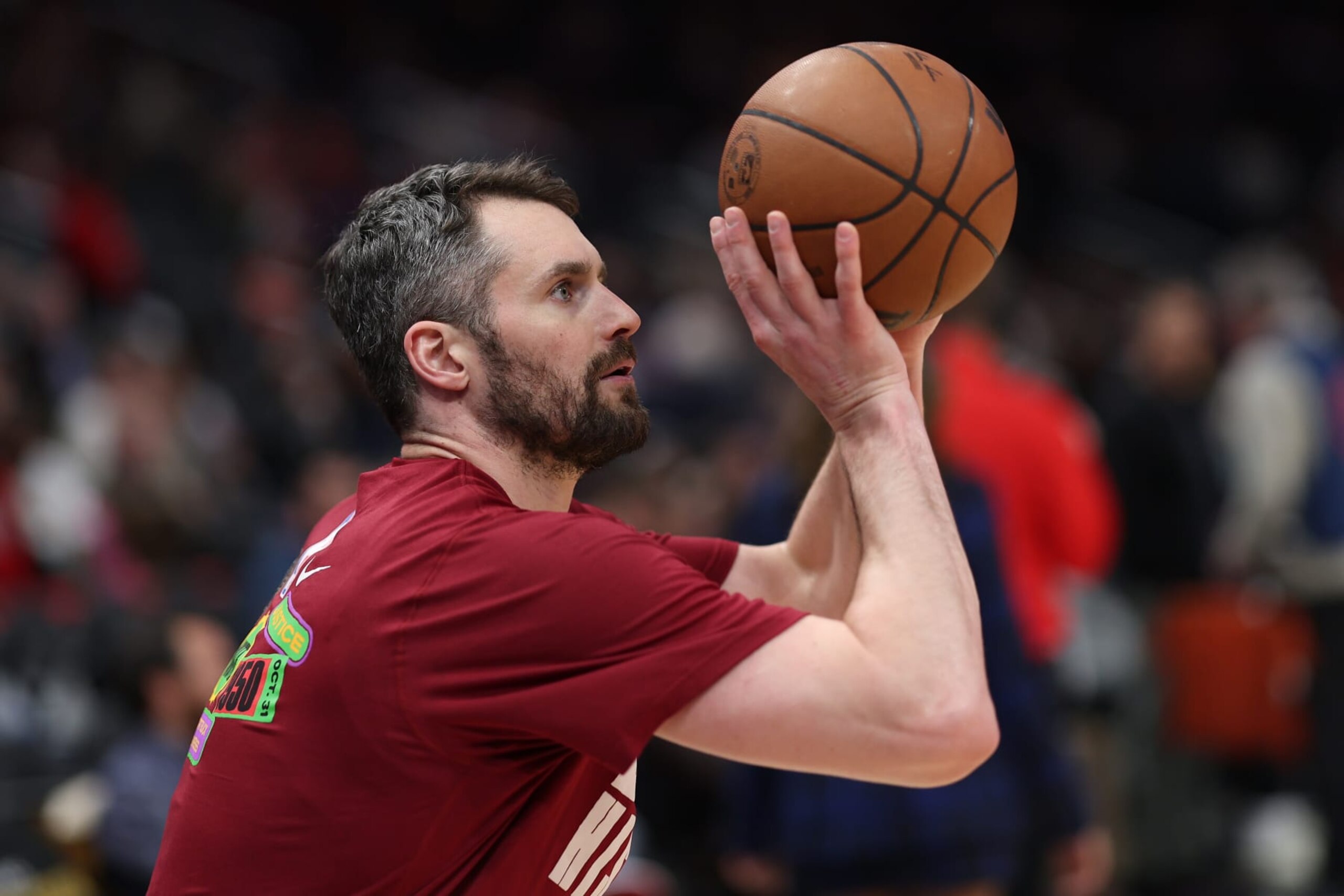 WASHINGTON, DC - FEBRUARY 06: Kevin Love #0 of the Cleveland Cavaliers warms up before playing against the Washington Wizards at Capital One Arena on February 06, 2023 in Washington, DC. NOTE TO USER: User expressly acknowledges and agrees that, by downloading and or using this photograph, User is consenting to the terms and conditions of the Getty Images License Agreement. (Photo by Patrick Smith/Getty Images)
