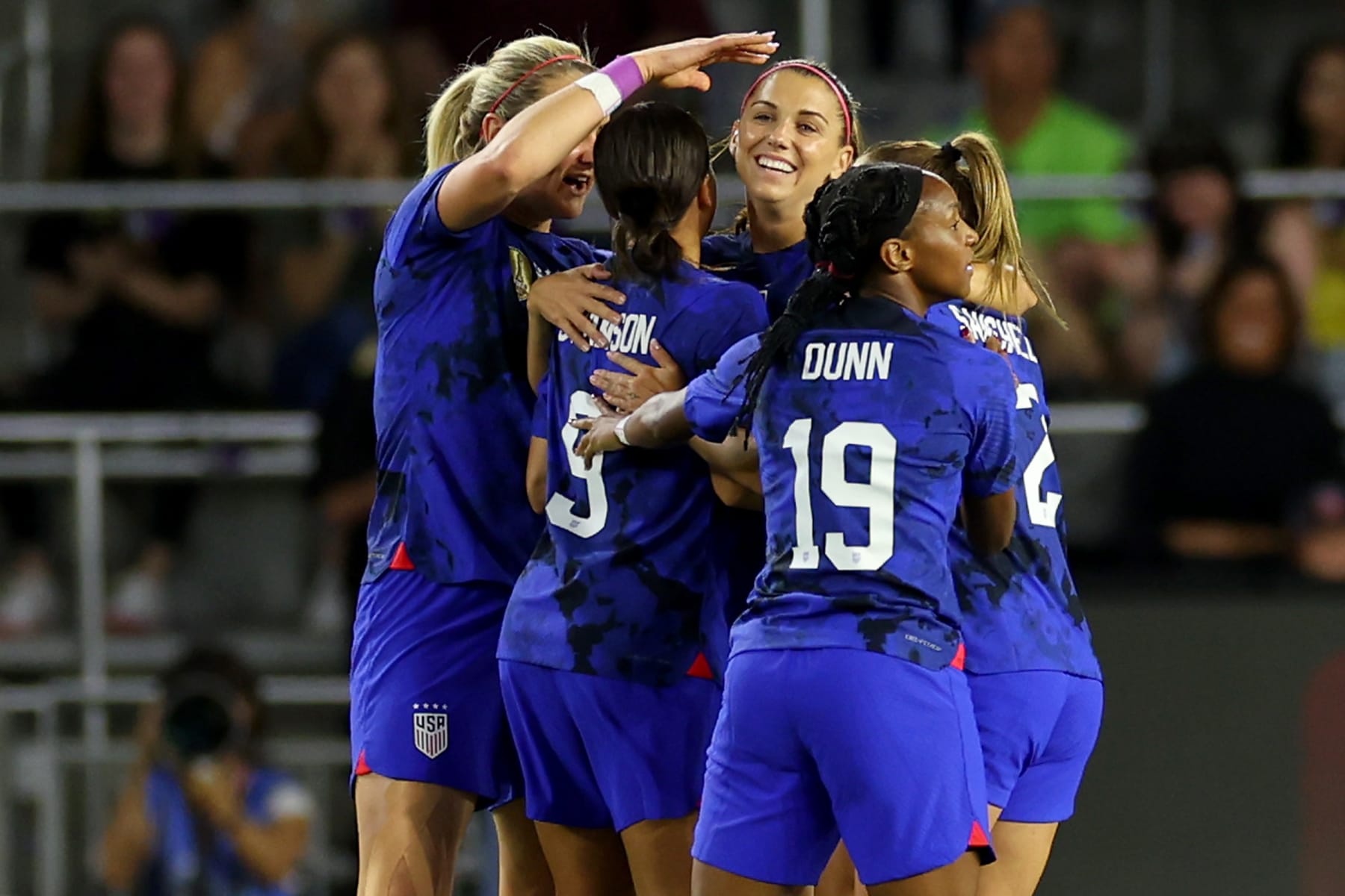 ORLANDO, FLORIDA - FEBRUARY 16: Mallory Swanson #9 of the United States celebrates with Alex Morgan #13 after scoring a goal against Canada during the first half in the 2023 SheBelieves Cup match at Exploria Stadium on February 16, 2023 in Orlando, Florida. (Photo by Mike Ehrmann/Getty Images)