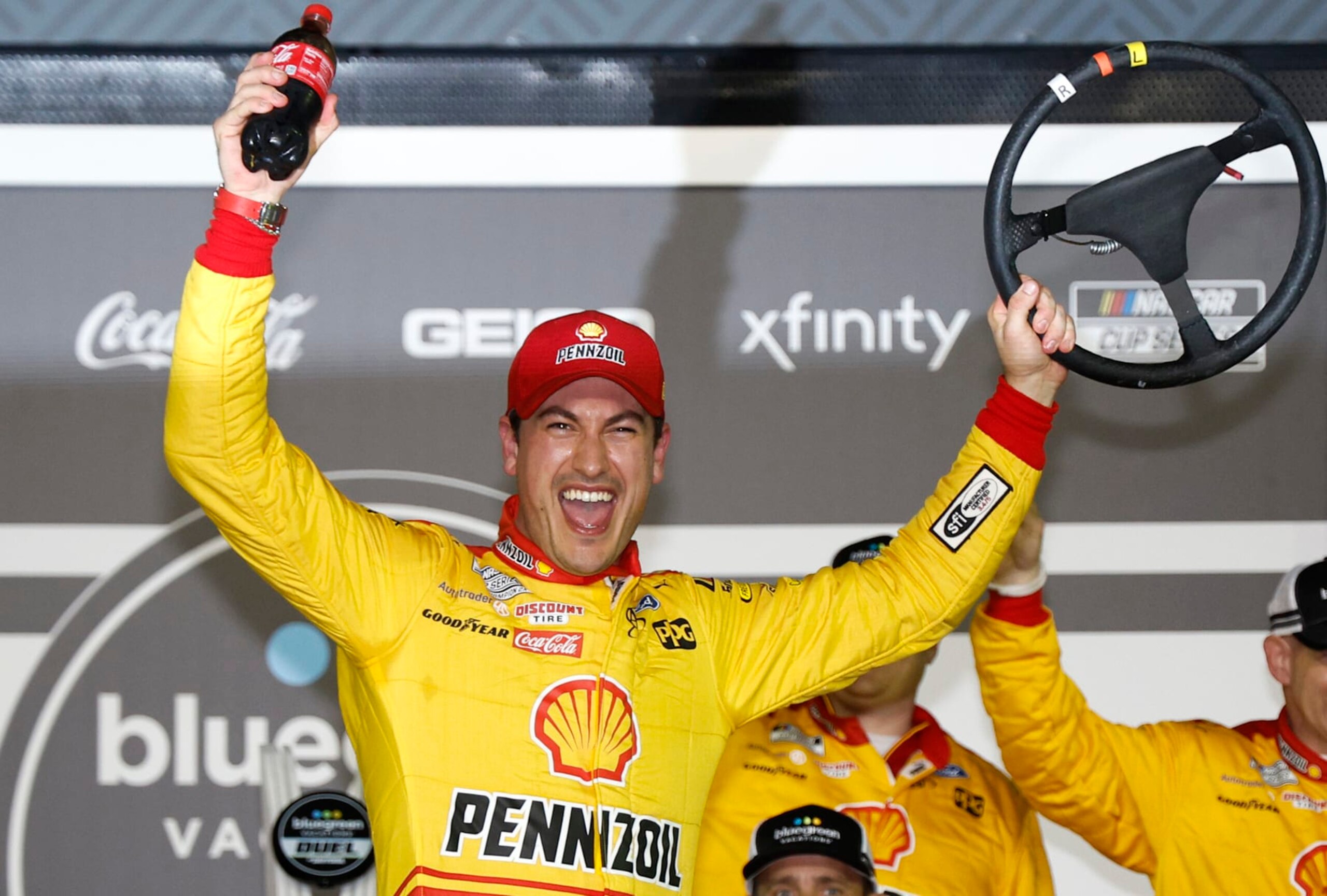 DAYTONA BEACH, FLORIDA - FEBRUARY 16: Joey Logano, driver of the #22 Shell Pennzoil Ford, celebrates in victory lane after winning the NASCAR Cup Series Bluegreen Vacations Duel #1 at Daytona International Speedway on February 16, 2023 in Daytona Beach, Florida. (Photo by Chris Graythen/Getty Images)