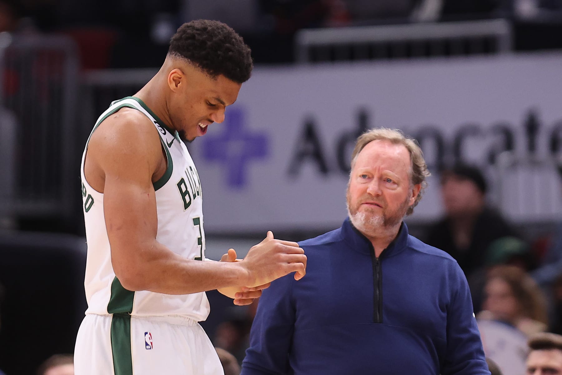 CHICAGO, ILLINOIS - FEBRUARY 16: Giannis Antetokounmpo #34 of the Milwaukee Bucks reacts after injuring his right wrist against the Chicago Bulls during the first half at United Center on February 16, 2023 in Chicago, Illinois. NOTE TO USER: User expressly acknowledges and agrees that, by downloading and or using this photograph, User is consenting to the terms and conditions of the Getty Images License Agreement.  (Photo by Michael Reaves/Getty Images)