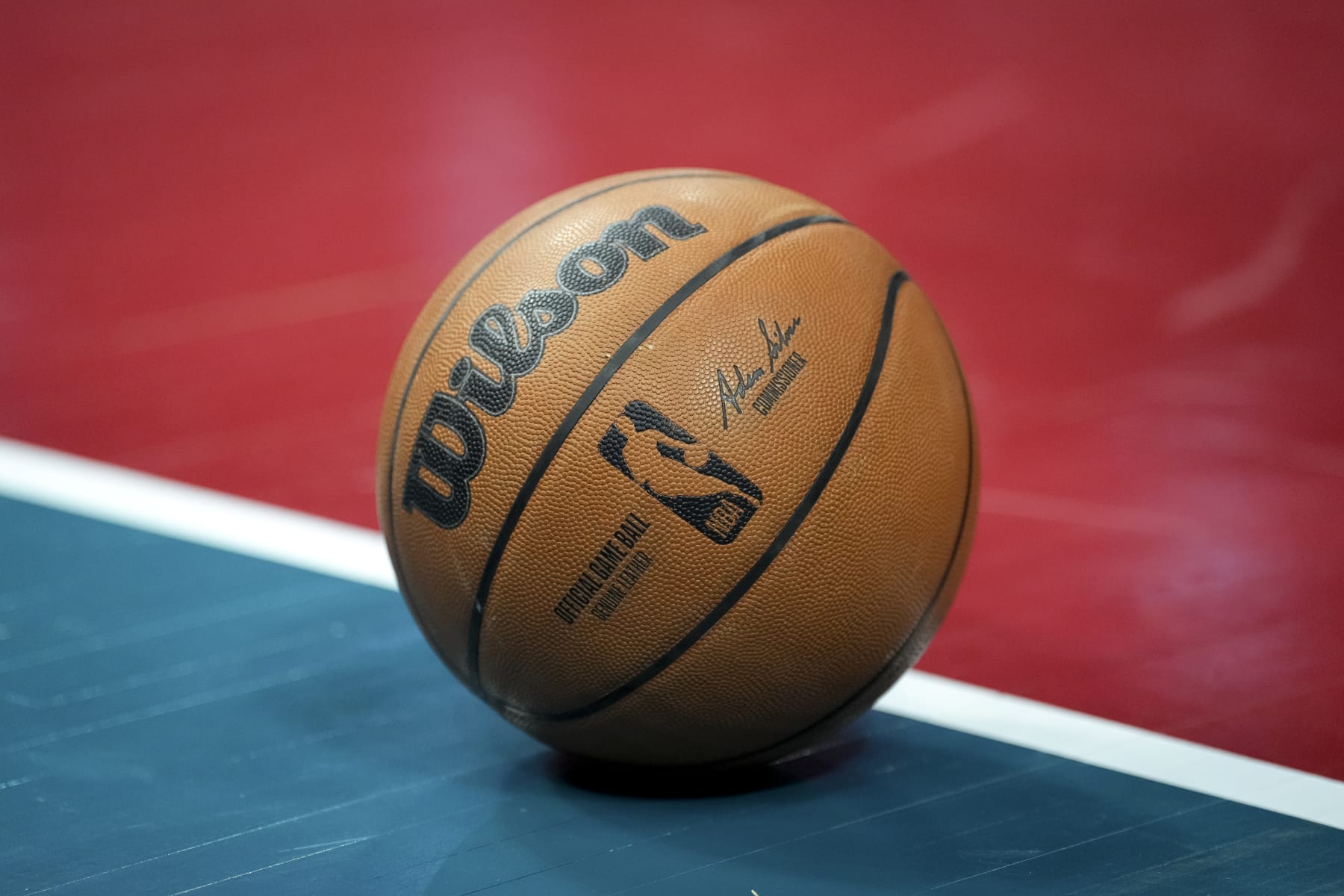 DETROIT, MICHIGAN - FEBRUARY 03: A Wilson brand official game ball basketball is pictured with the NBA logo during the game between the Detroit Pistons and Charlotte Hornets at Little Caesars Arena on February 03, 2023 in Detroit, Michigan. NOTE TO USER: User expressly acknowledges and agrees that, by downloading and or using this photograph, User is consenting to the terms and conditions of the Getty Images License Agreement. (Photo by Nic Antaya/Getty Images)
