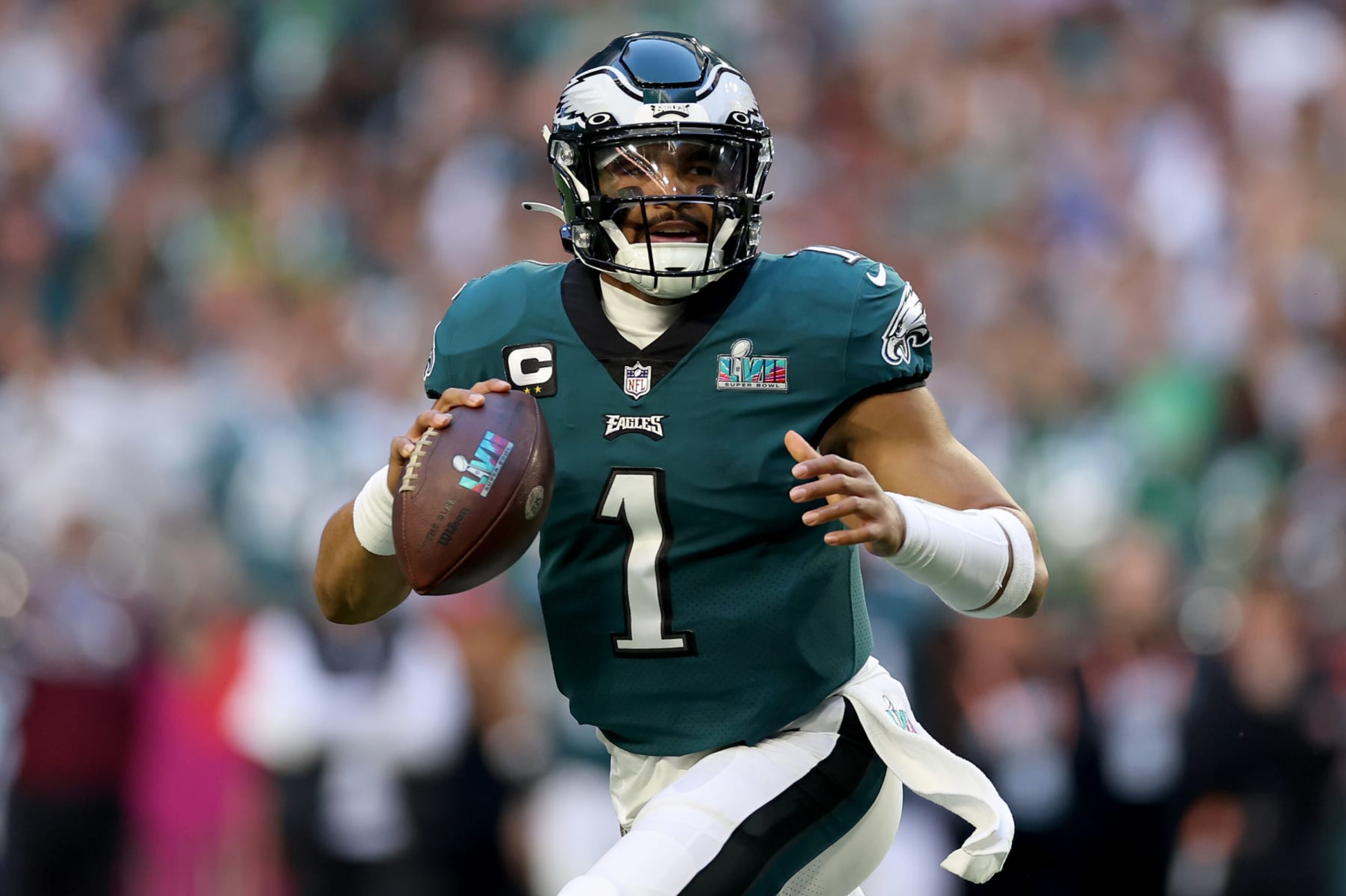 GLENDALE, ARIZONA - FEBRUARY 12: Jalen Hurts #1 of the Philadelphia Eagles looks to throw a pass against the Kansas City Chiefs during the first quarter in Super Bowl LVII at State Farm Stadium on February 12, 2023 in Glendale, Arizona. (Photo by Christian Petersen/Getty Images) GLENDALE, ARIZONA - FEBRUARY 12: Jalen Hurts #1 of the Philadelphia Eagles looks to throw a pass against the Kansas City Chiefs during the first quarter in Super Bowl LVII at State Farm Stadium on February 12, 2023 in Glendale, Arizona. (Photo by Christian Petersen/Getty Images)