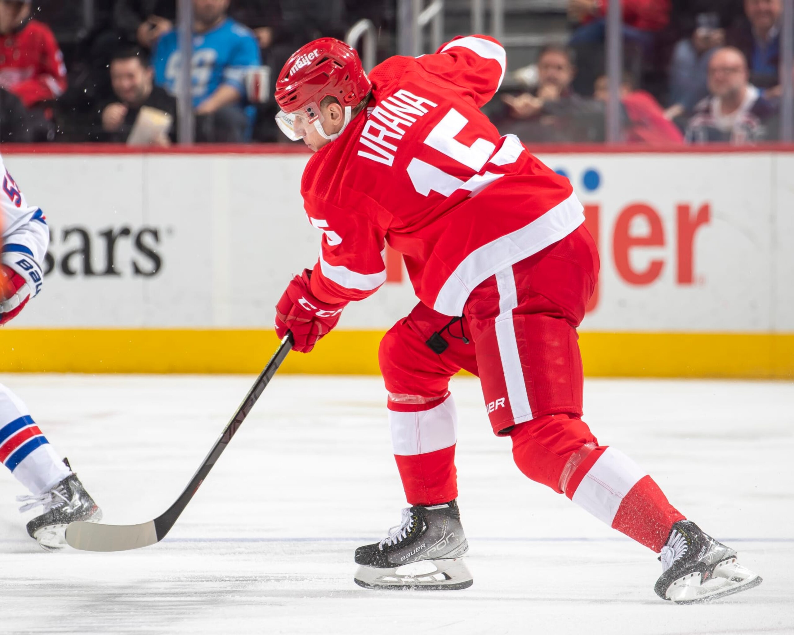 DETROIT, MI - MARCH 30: Jakub Vrana (15) of the Detroit Red Wings shoots the puck against the New York Rangers during the second period of an NHL game at Little Caesars Arena on March 30, 2022 in Detroit, Michigan. The Rangers defeated Detroit 5-4 in O.T. (Photo by Dave Reginek/NHLI via Getty Images) DETROIT, MI - MARCH 30: Jakub Vrana (15) of the Detroit Red Wings shoots the puck against the New York Rangers during the second period of an NHL game at Little Caesars Arena on March 30, 2022 in Detroit, Michigan. The Rangers defeated Detroit 5-4 in O.T. (Photo by Dave Reginek/NHLI via Getty Images)