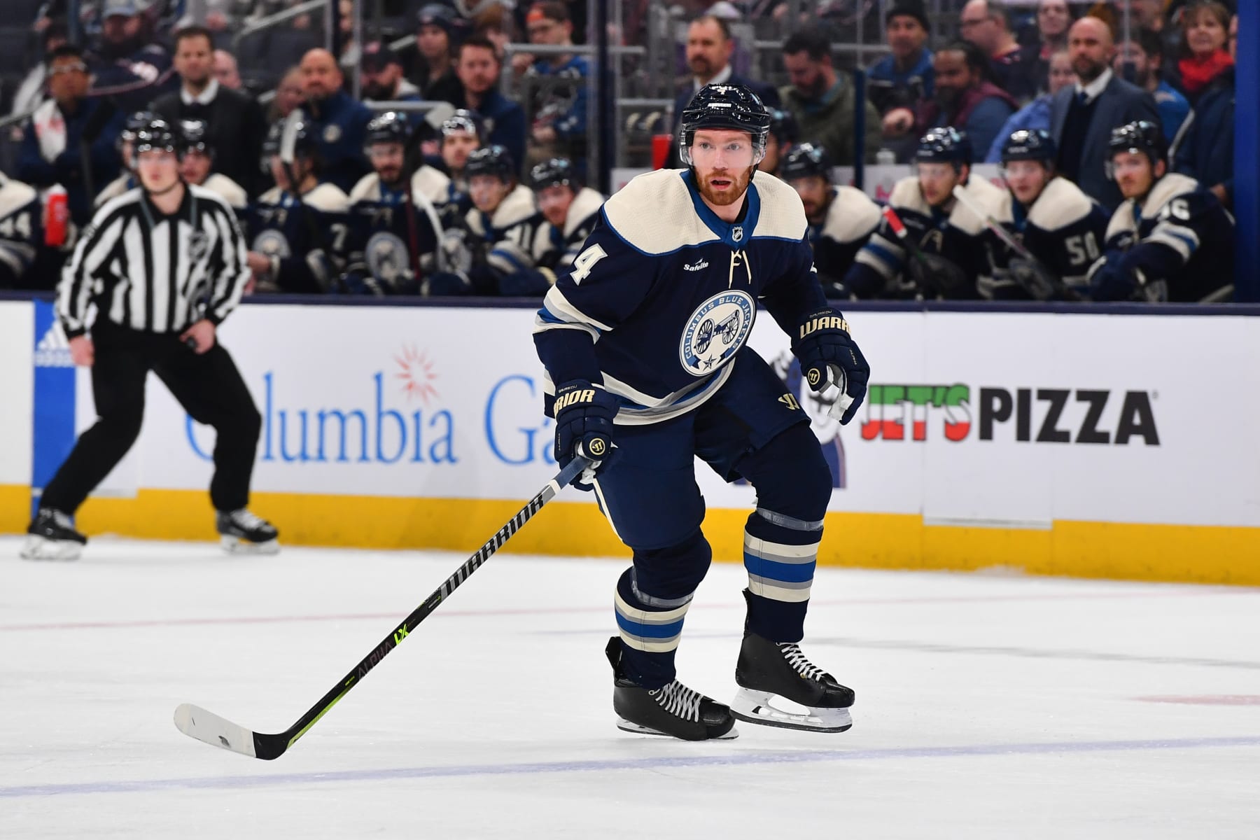 COLUMBUS, OHIO - JANUARY 19: Vladislav Gavrikov #4 of the Columbus Blue Jackets skates during the first period of a game against the Anaheim Ducks at Nationwide Arena on January 19, 2023 in Columbus, Ohio. (Photo by Ben Jackson/NHLI via Getty Images)