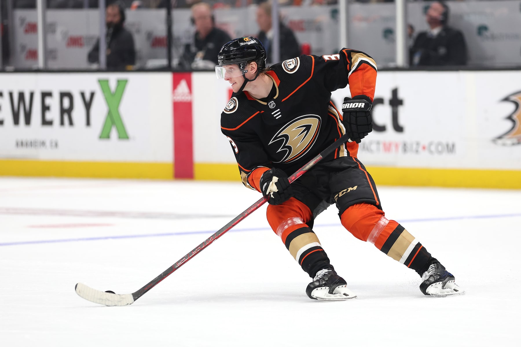 ANAHEIM, CALIFORNIA - JANUARY 13: John Klingberg #3 of the Anaheim Ducks skates with the puck during the third period of a game against the New Jersey Devils at Honda Center on January 13, 2023 in Anaheim, California. (Photo by Sean M. Haffey/Getty Images)